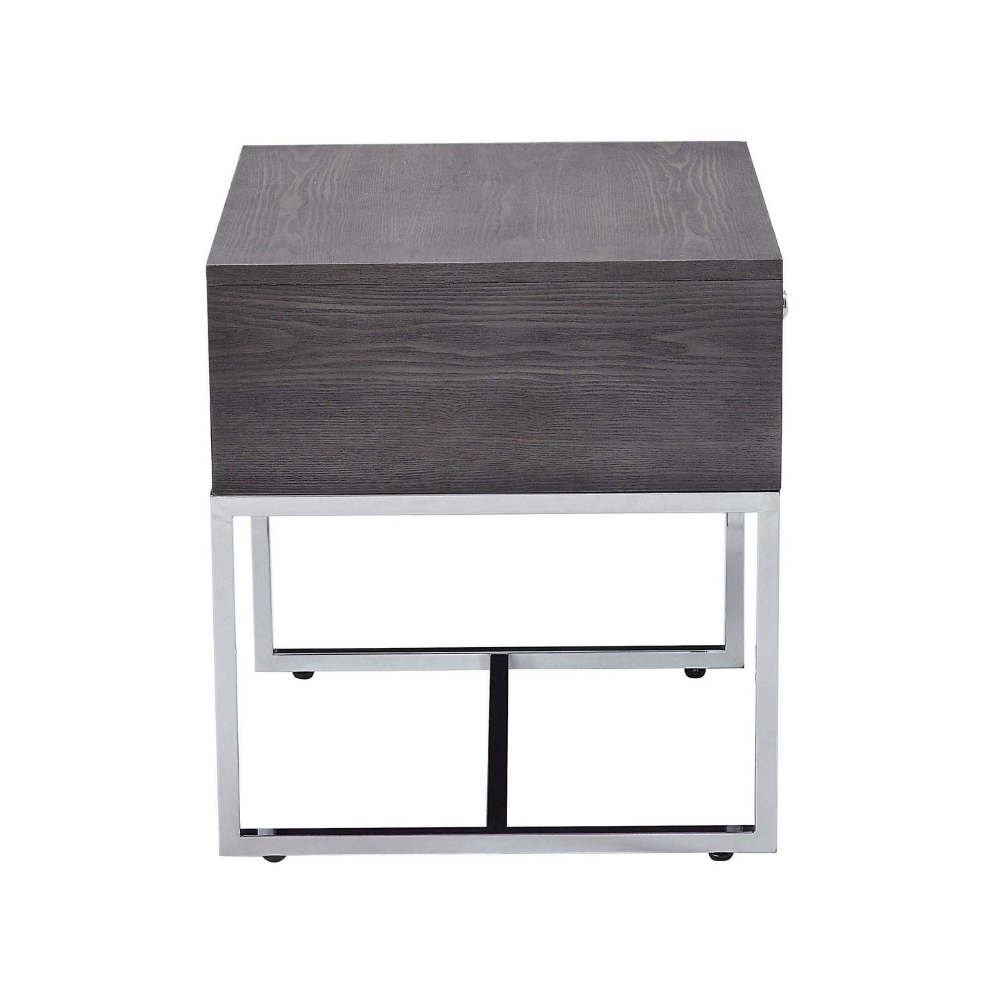 Dark wood grain side table with chrome metal frame and two shelves