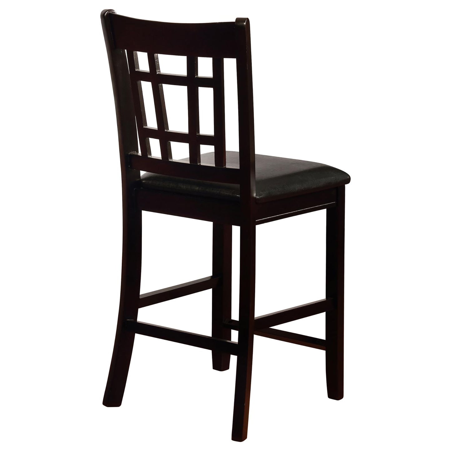 Dark brown wooden bar stool with faux leather seat and geometric back design