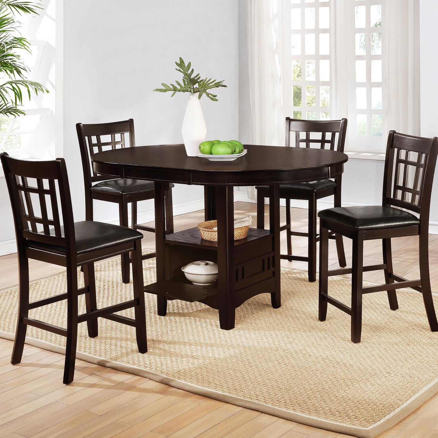 Dark brown wood counter height dining set with four black upholstered stools
