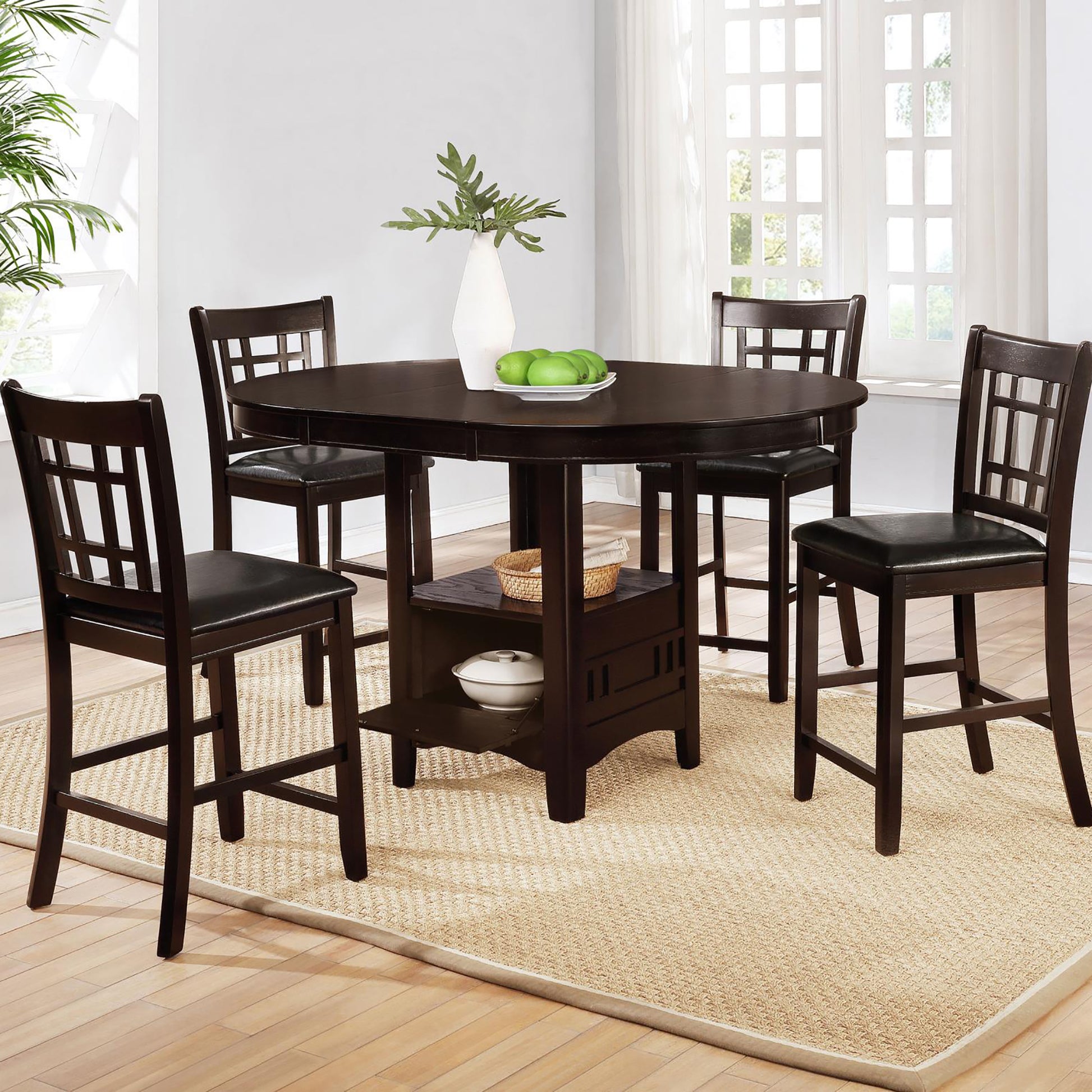 Dark brown wood counter height dining set with four black upholstered stools