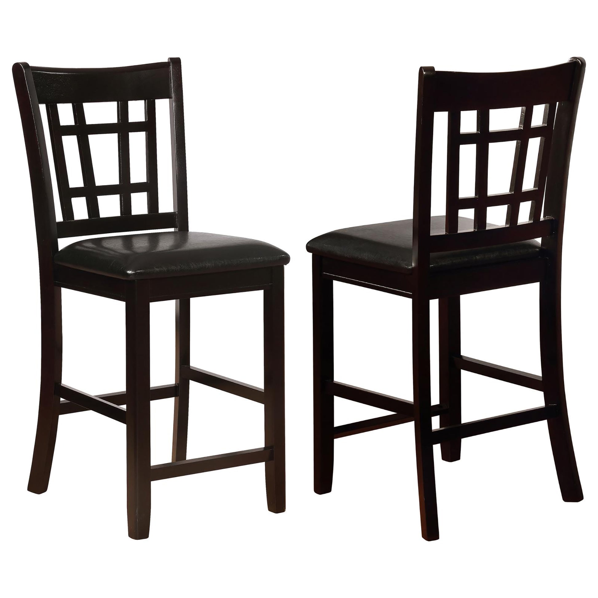 Two dark wood bar stools with black leather seats and gridpatterned backs