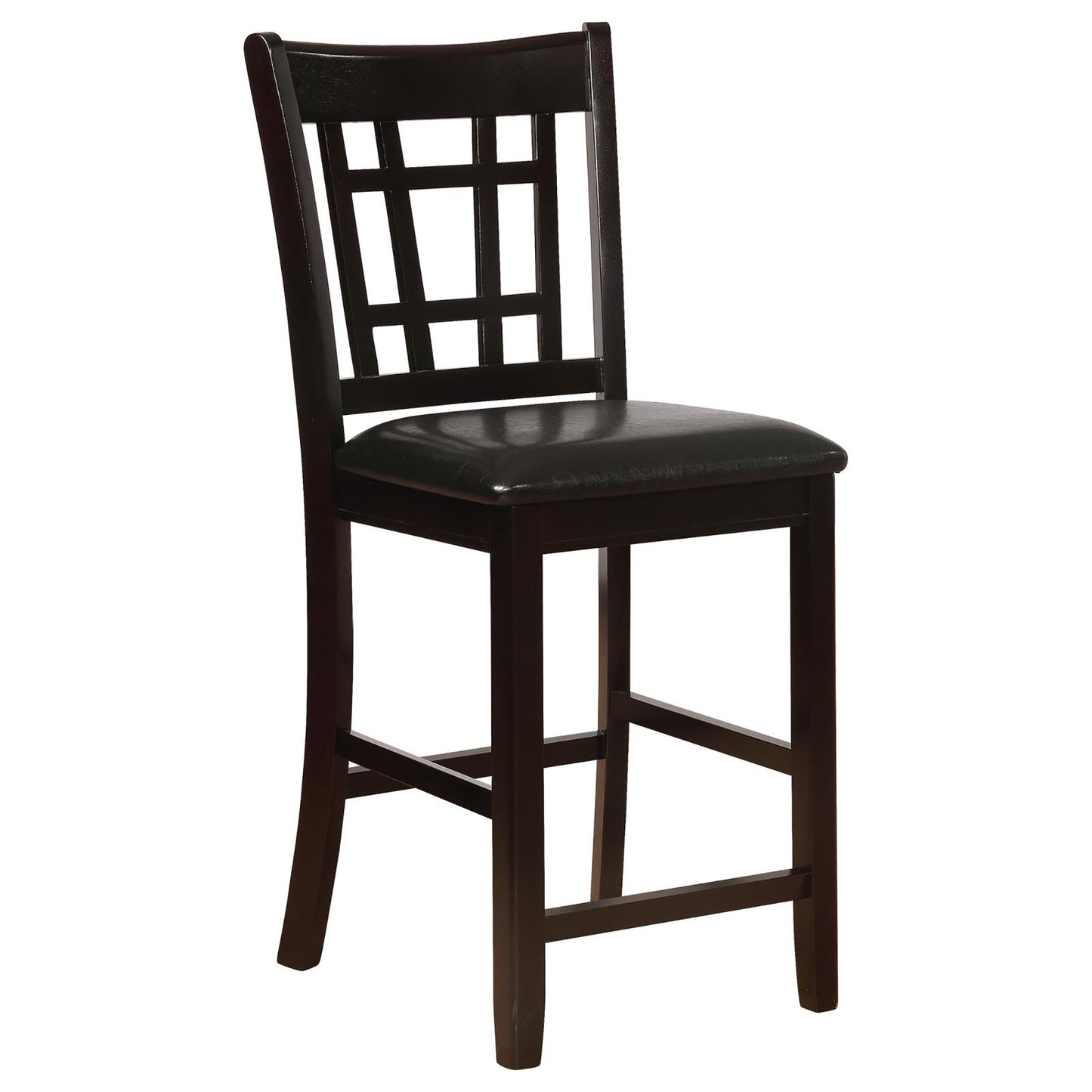 Dark brown wooden bar stool with a black faux leather seat and a lattice back
