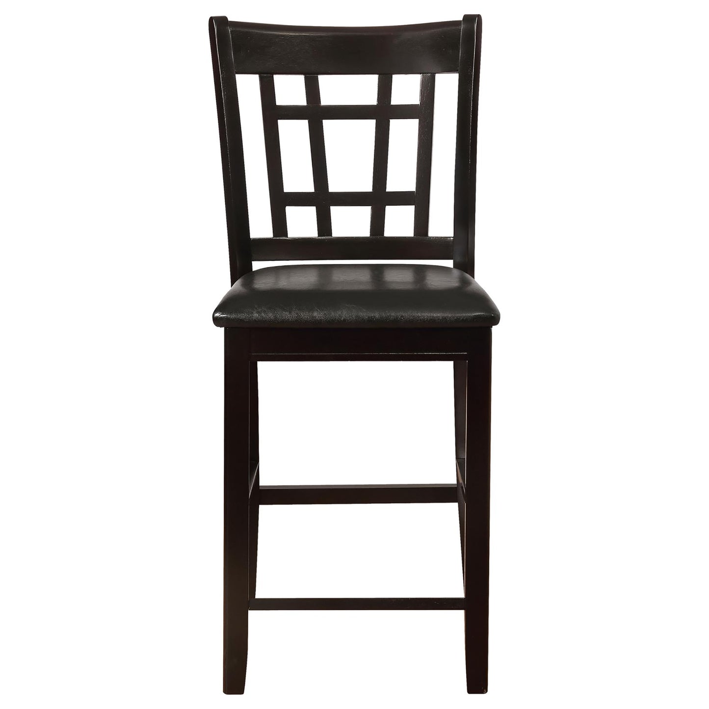 Dark wood bar stool with a black upholstered seat and geometric backrest