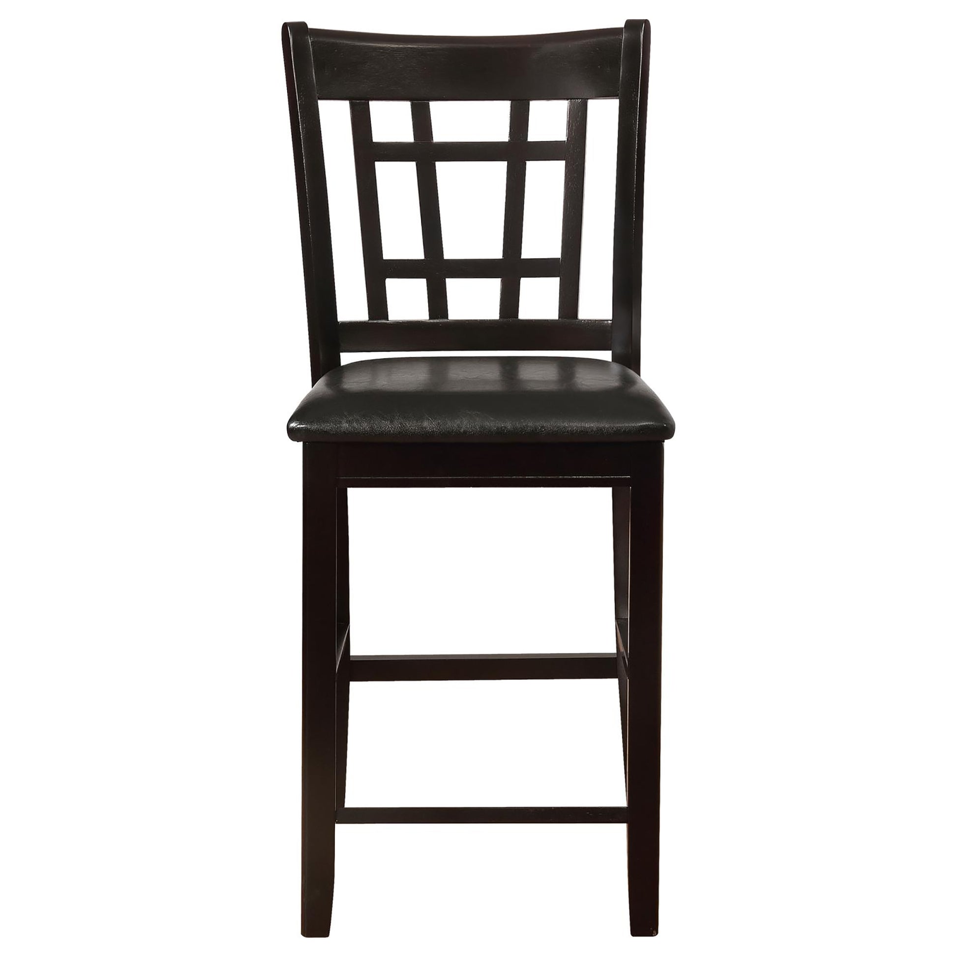 Dark wood bar stool with a black upholstered seat and geometric backrest