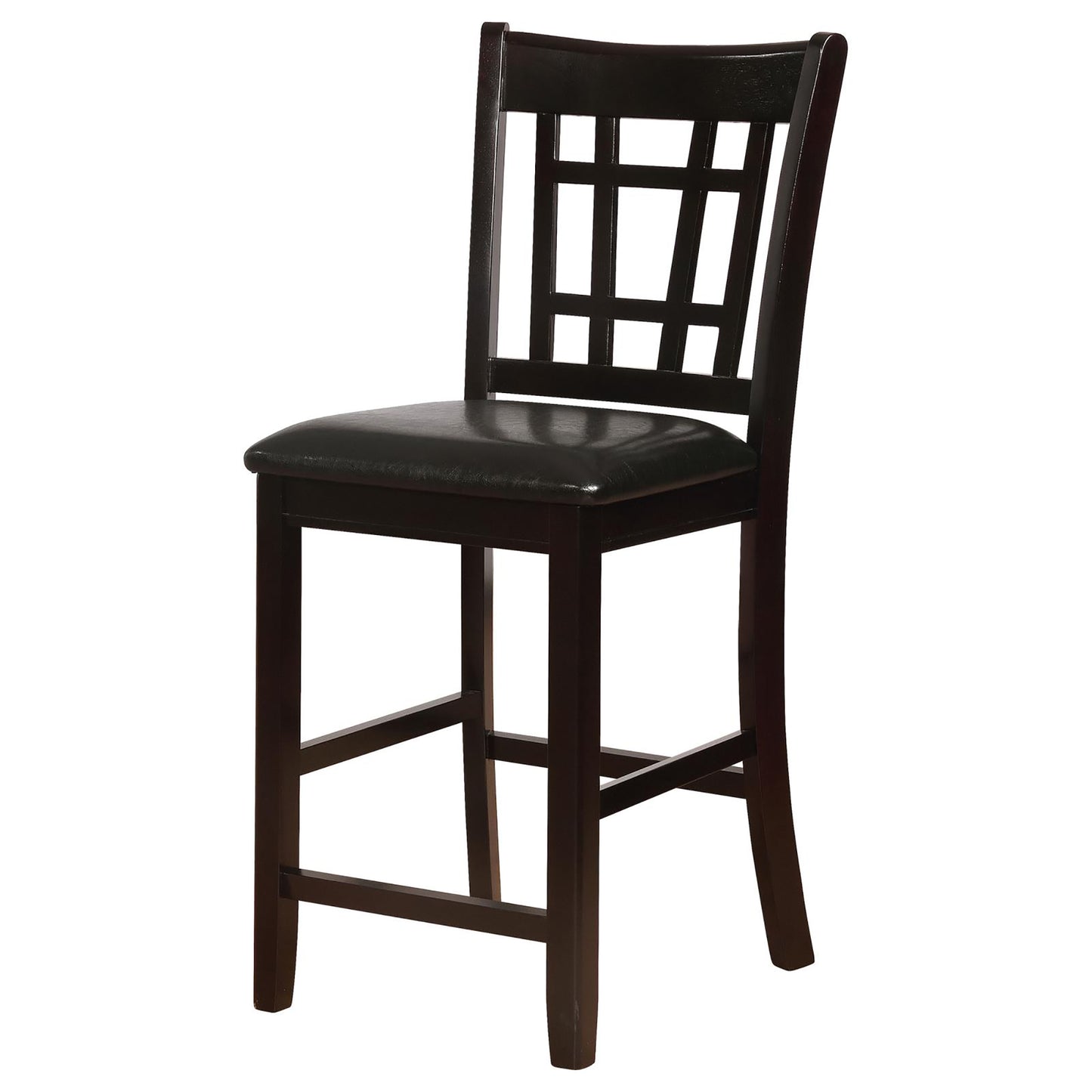 Dark brown wooden bar stool with black faux leather seat and geometric backrest