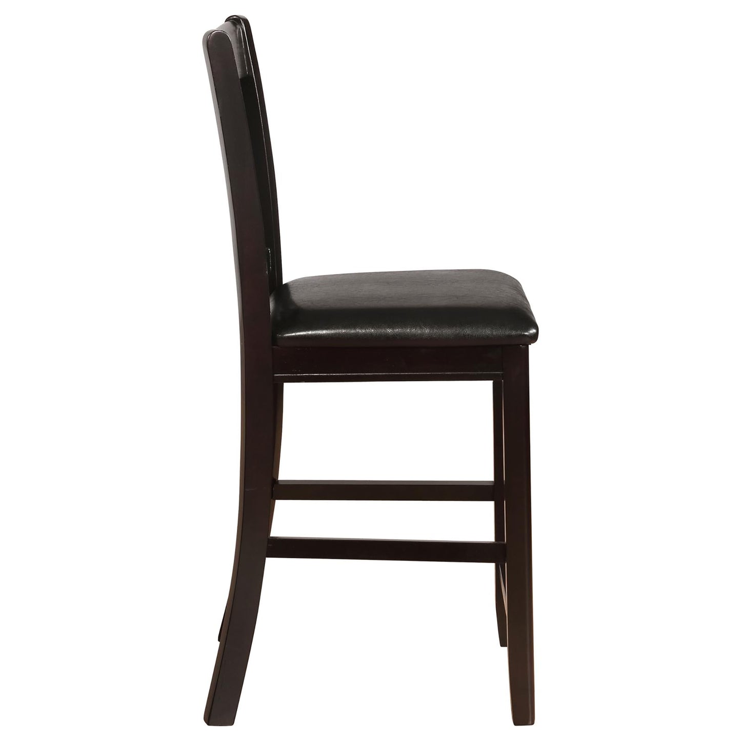 Dark brown wooden counter stool with a black upholstered seat for modern kitchens