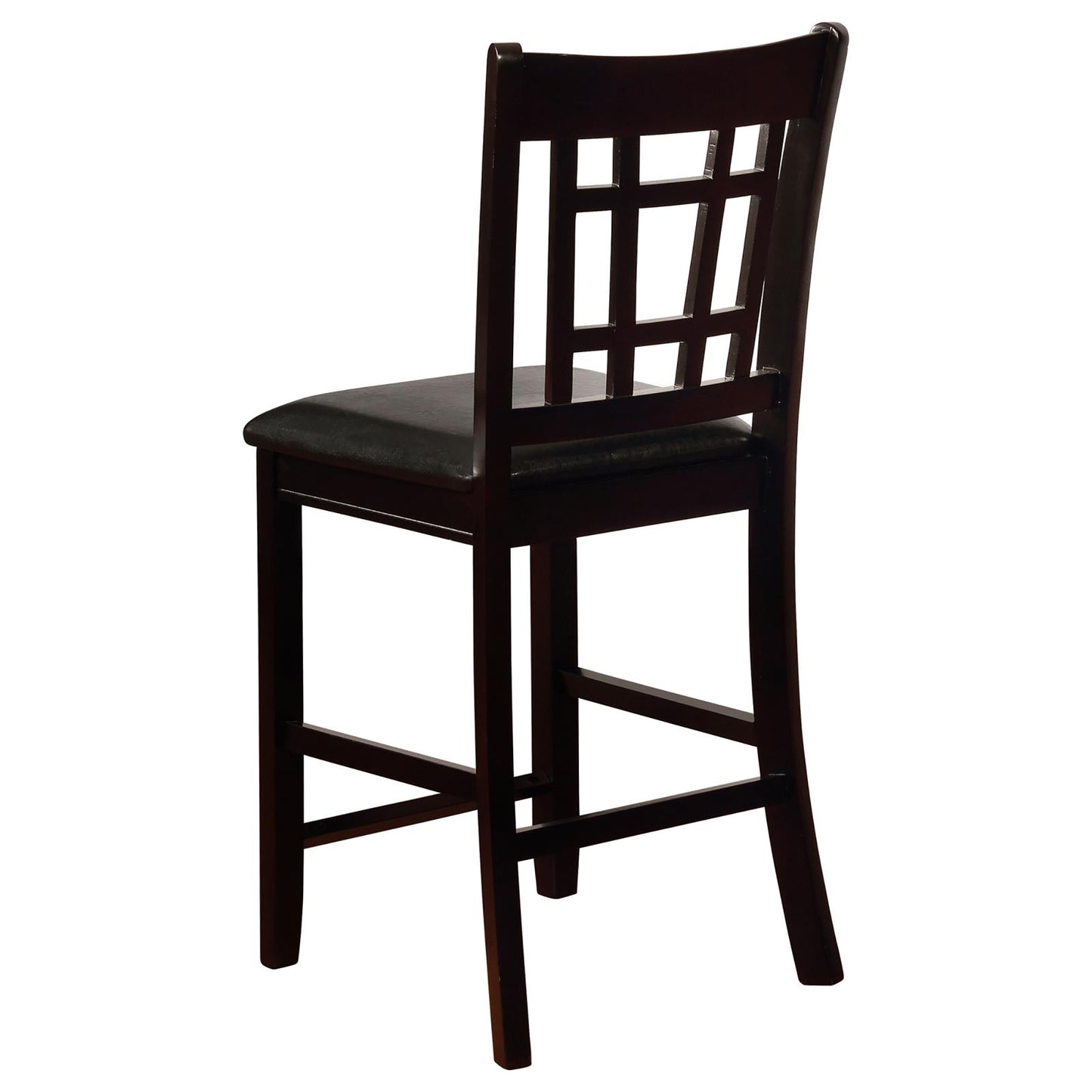 Dark wood bar stool with upholstered black seat and square paneled backrest  inch seat height