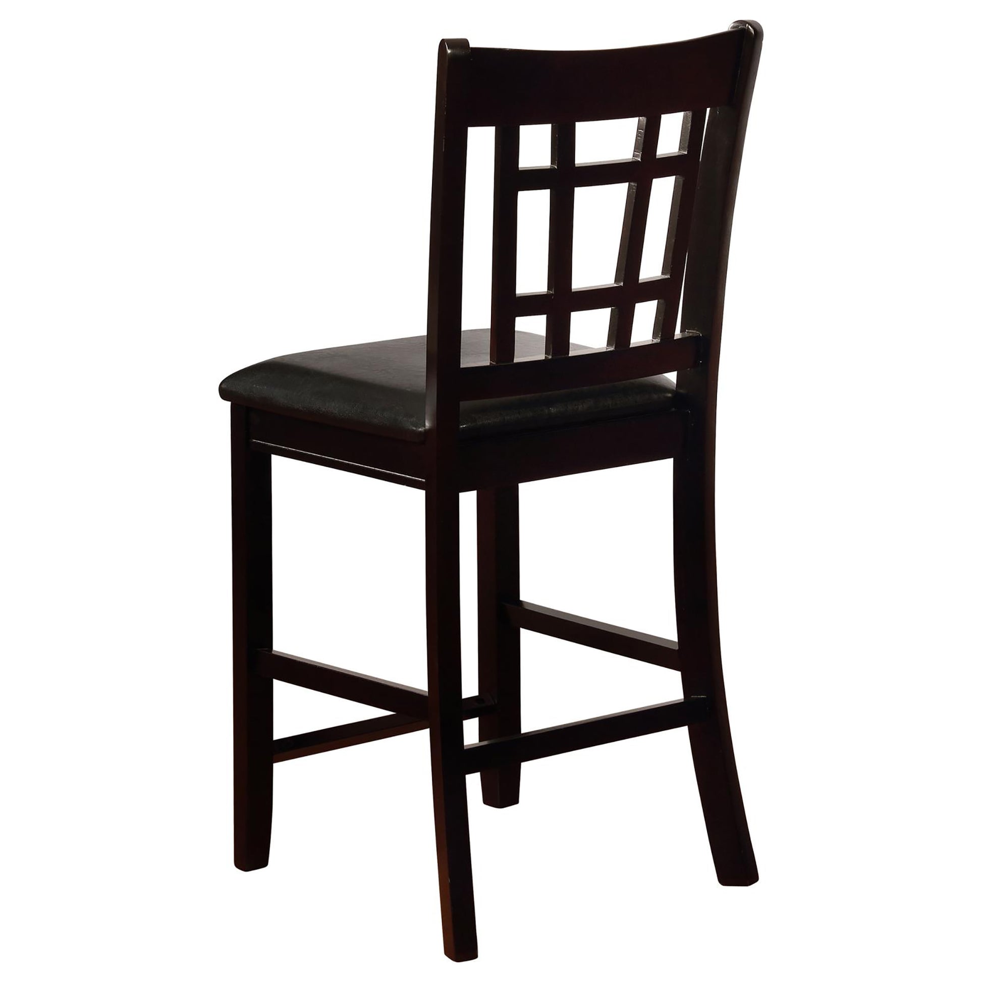 Dark wood bar stool with upholstered black seat and square paneled backrest  inch seat height