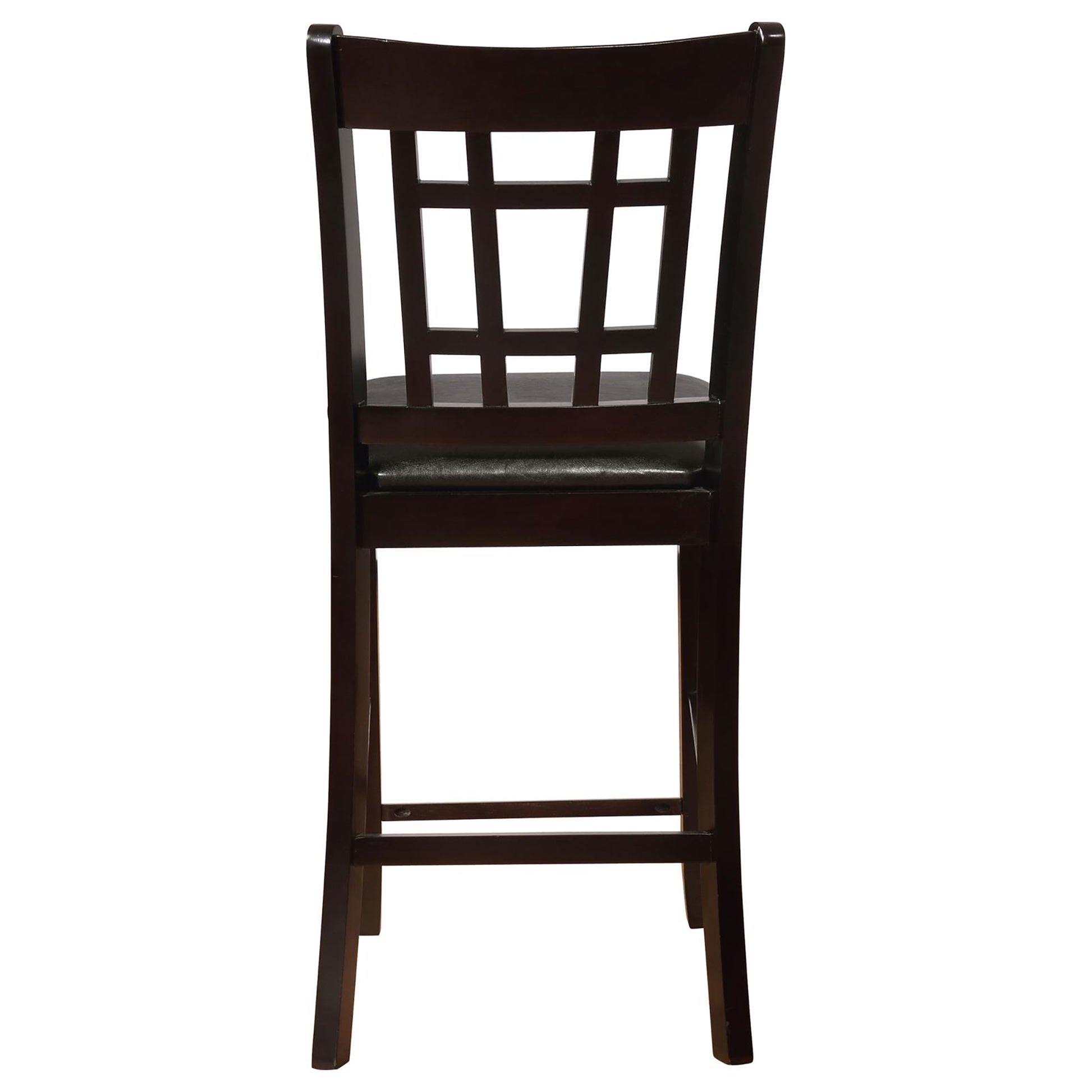 Dark brown wooden bar stool with a grid back and upholstered seat perfect for kitchen islands