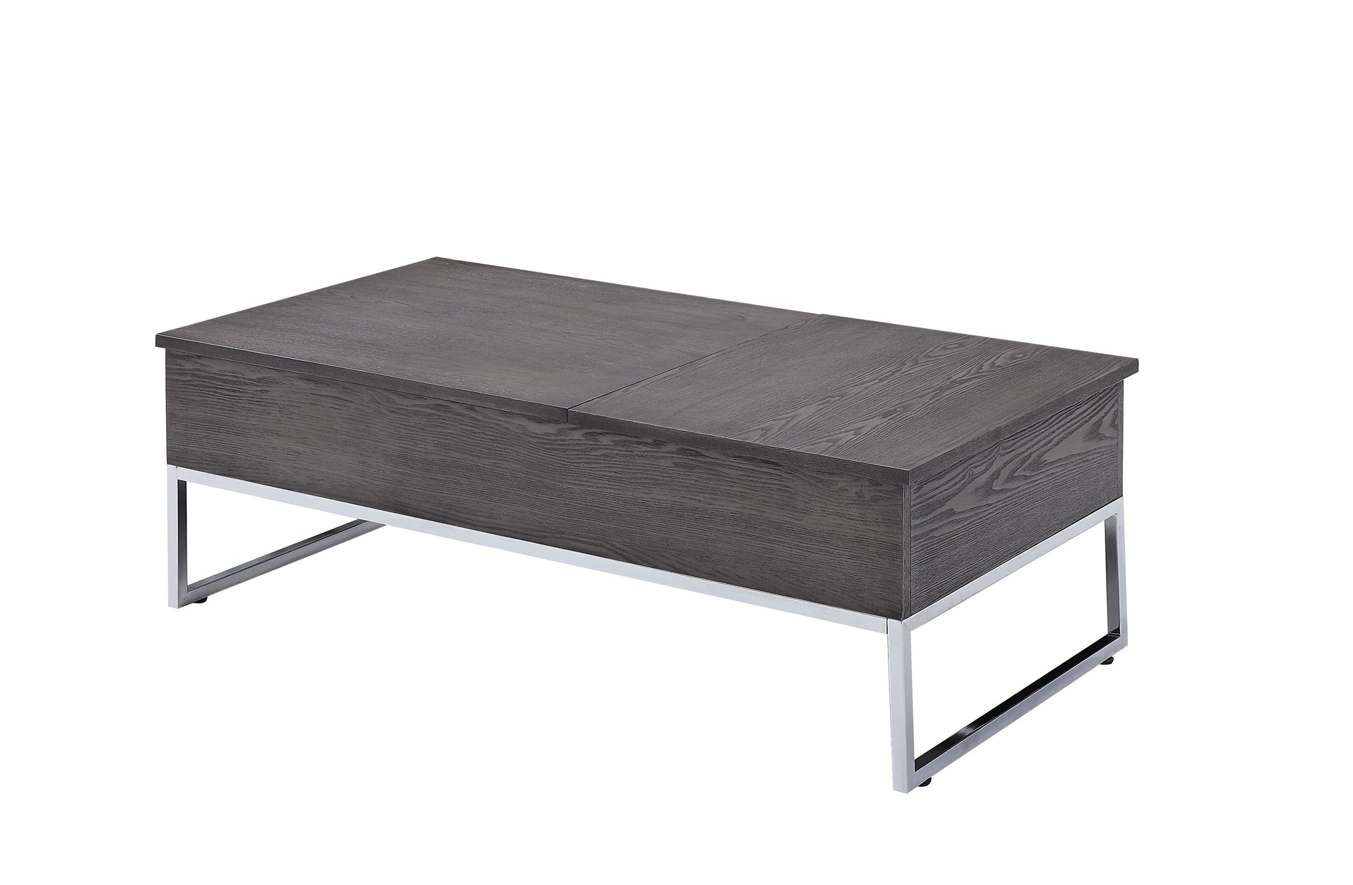 Dark gray lift top coffee table with wood grain and chrome legs