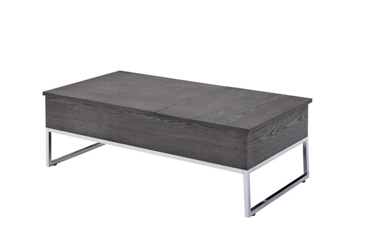 Dark gray lift top coffee table with wood grain and chrome legs