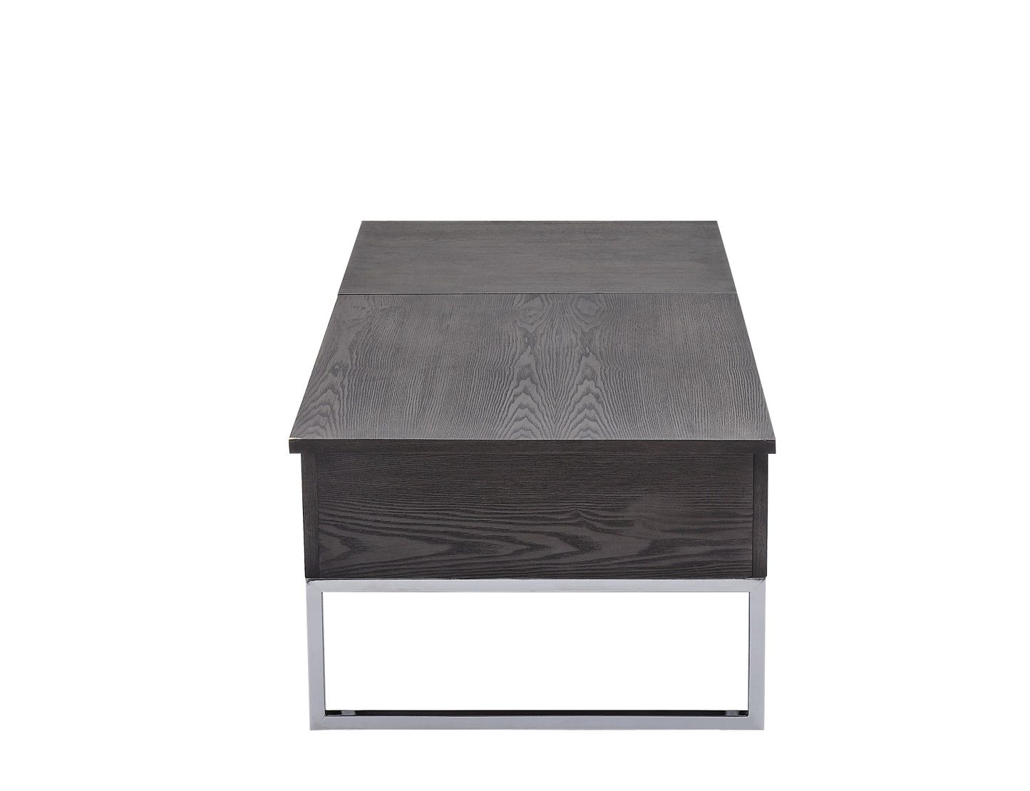 Dark wood lifttop coffee table with a modern chrome base