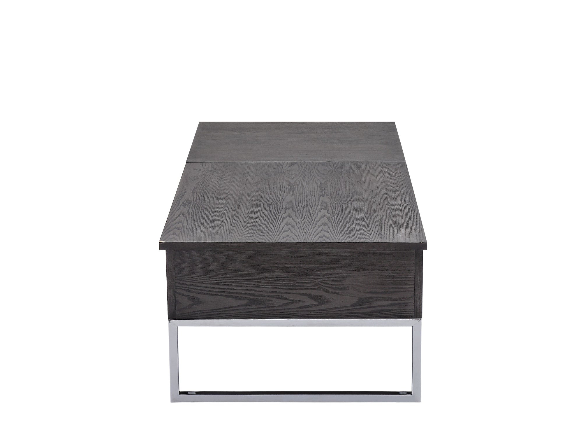 Dark wood lifttop coffee table with a modern chrome base