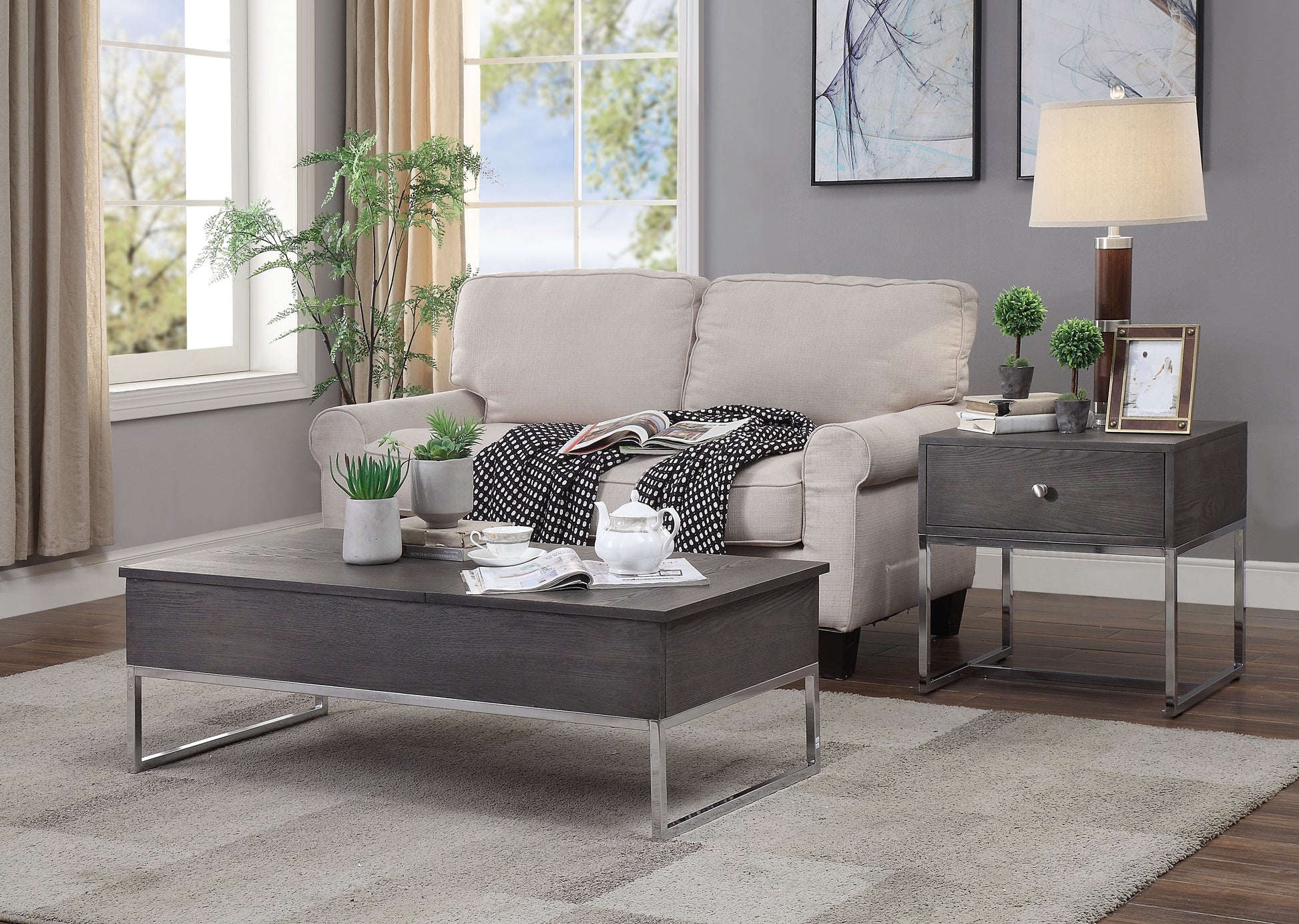 Dark wood lifttop coffee table with metal legs and a contemporary design