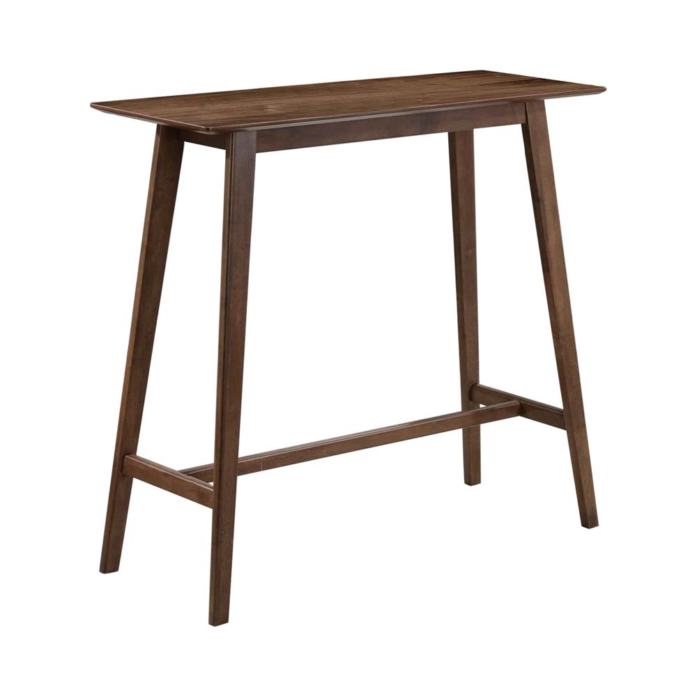Dark brown wooden bar table with sleek modern design  tapered legs and footrest