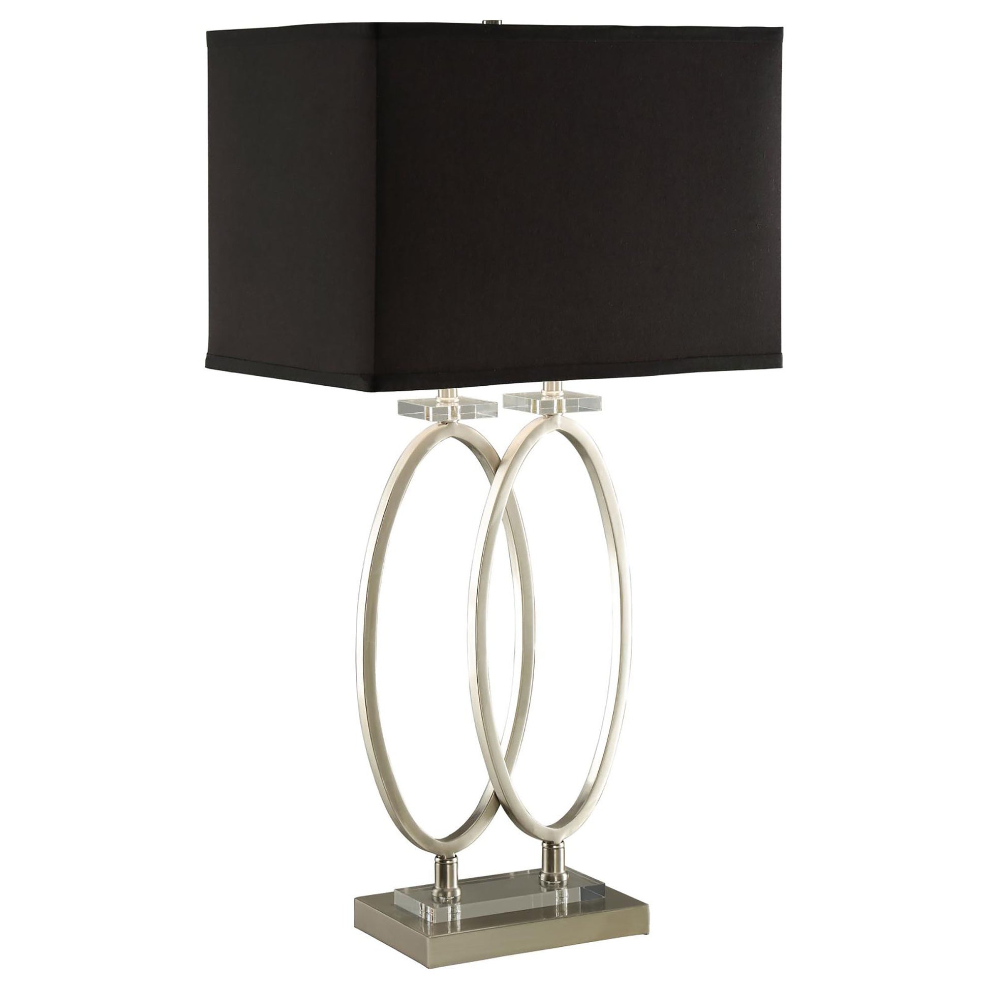 Sleek silver table lamp with a black rectangular shade and modern oval accents