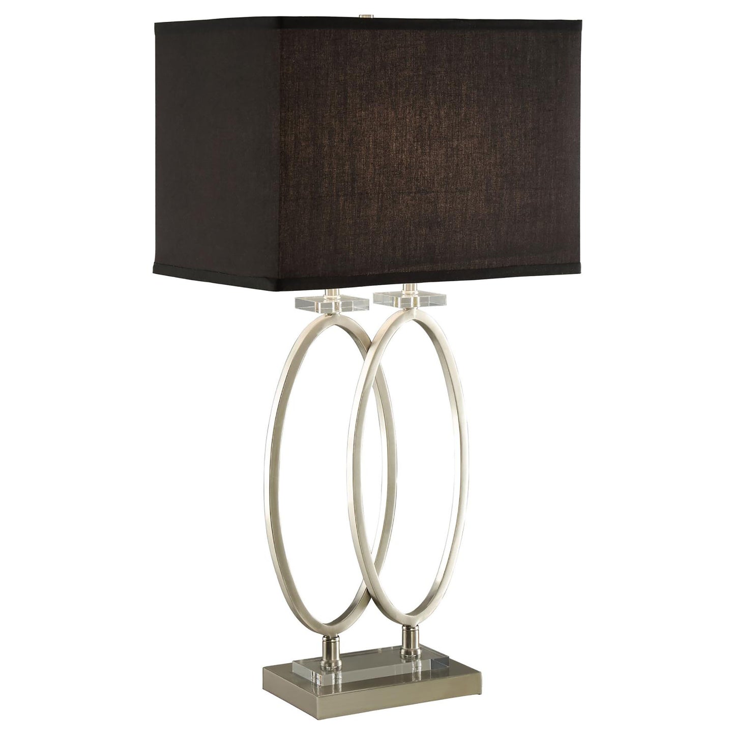Modern table lamp with brushed nickel finish and black rectangular shade