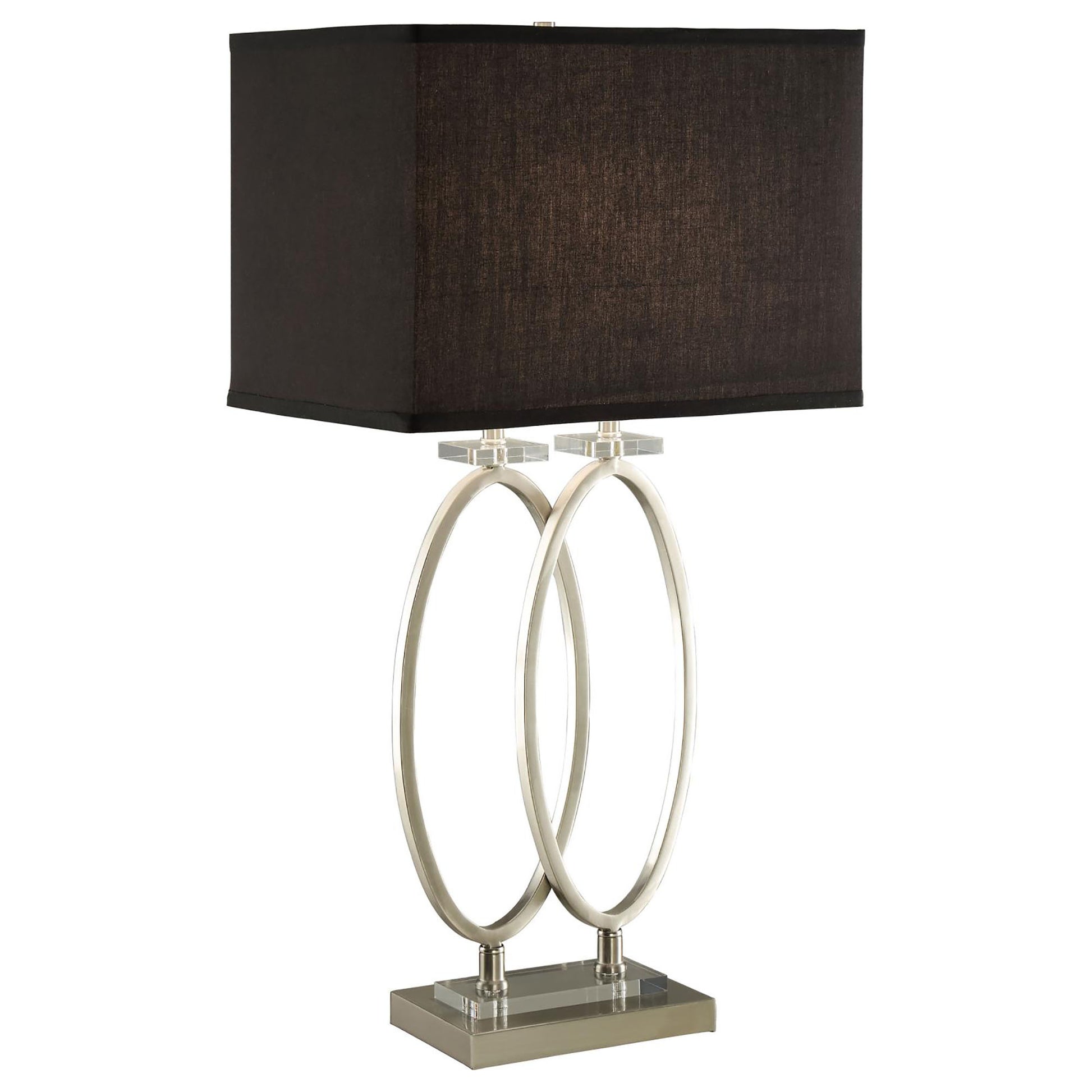 Modern table lamp with brushed nickel finish and black rectangular shade
