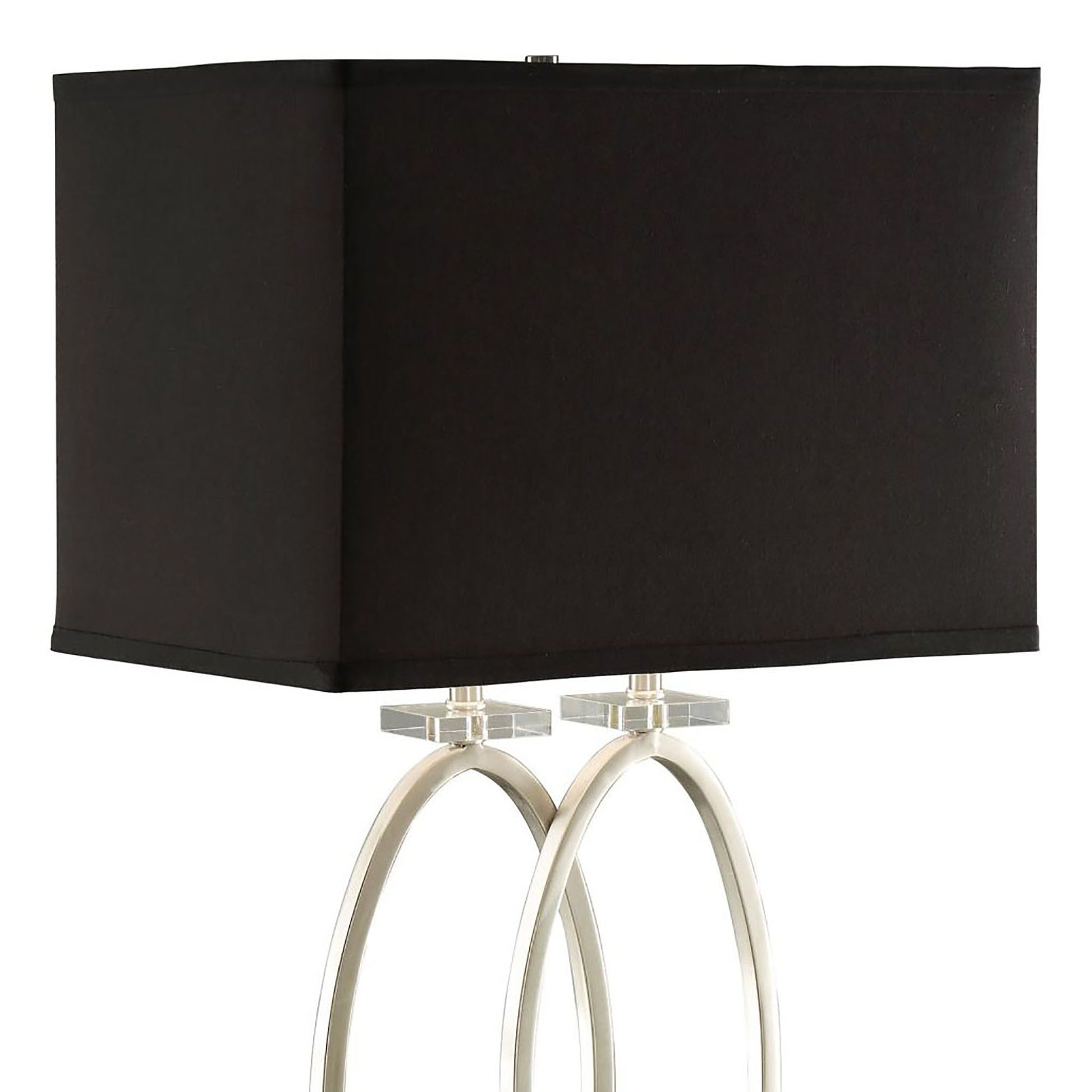 Table lamp with brushed nickel finish clear crystal accents and a black rectangular shade