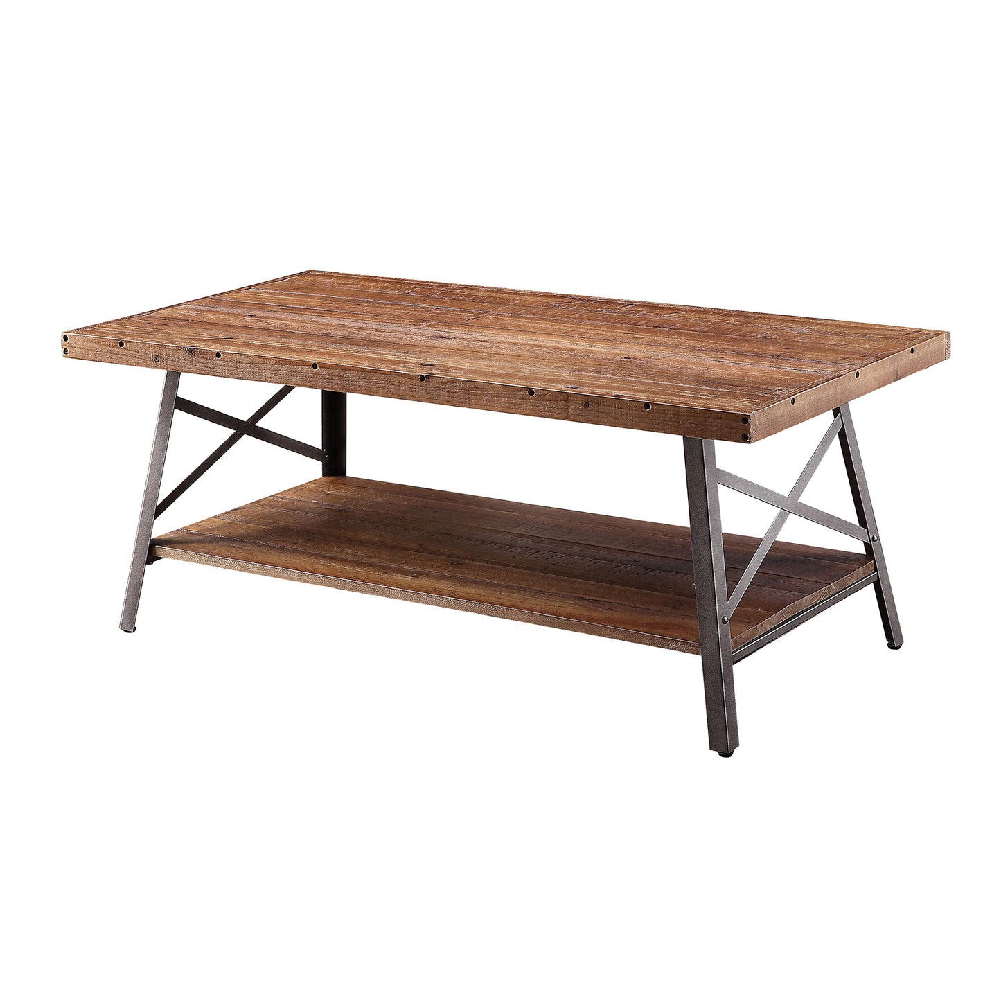 Rustic wooden coffee table with industrial metal legs and a lower shelf
