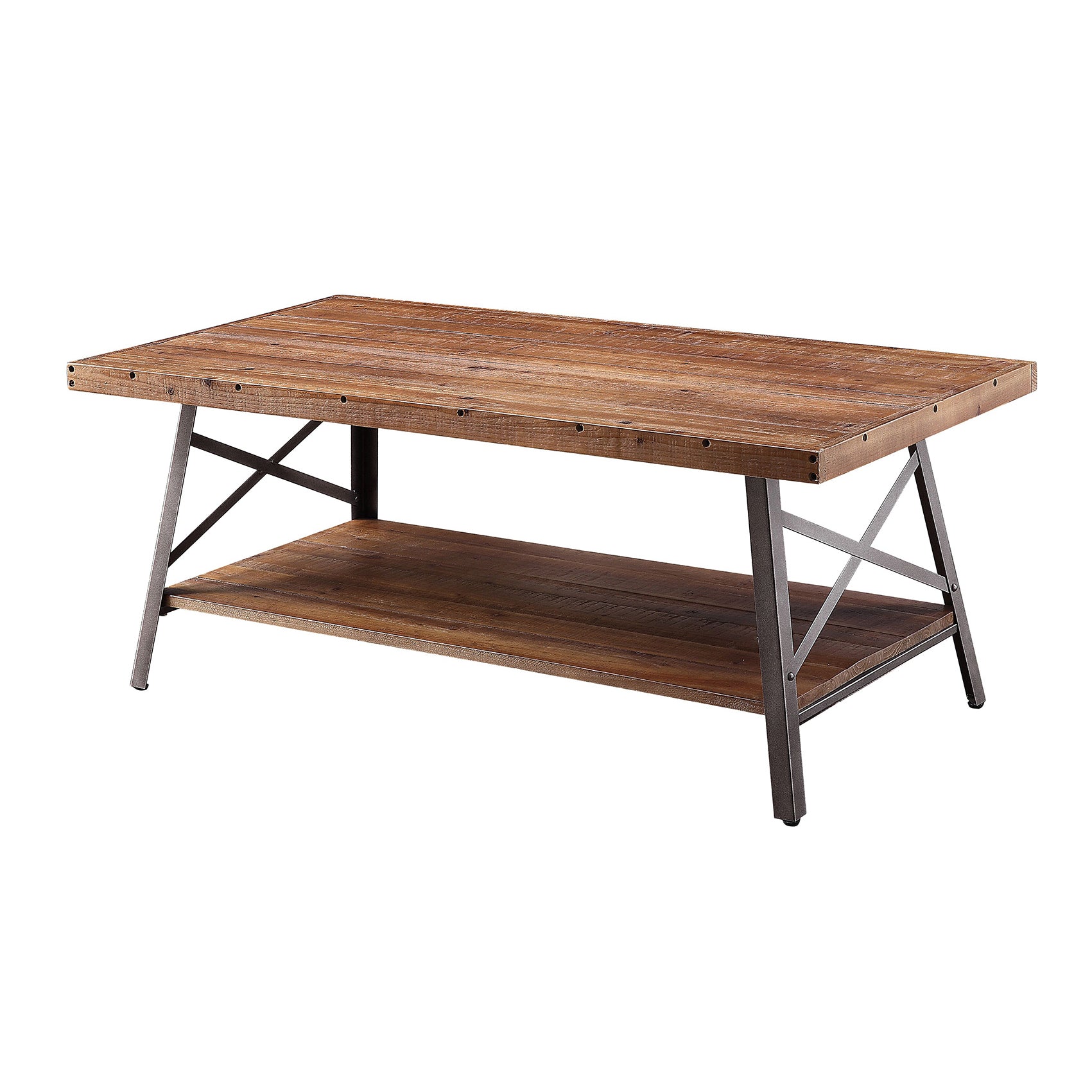 Rustic wooden coffee table with industrial metal legs and a lower shelf