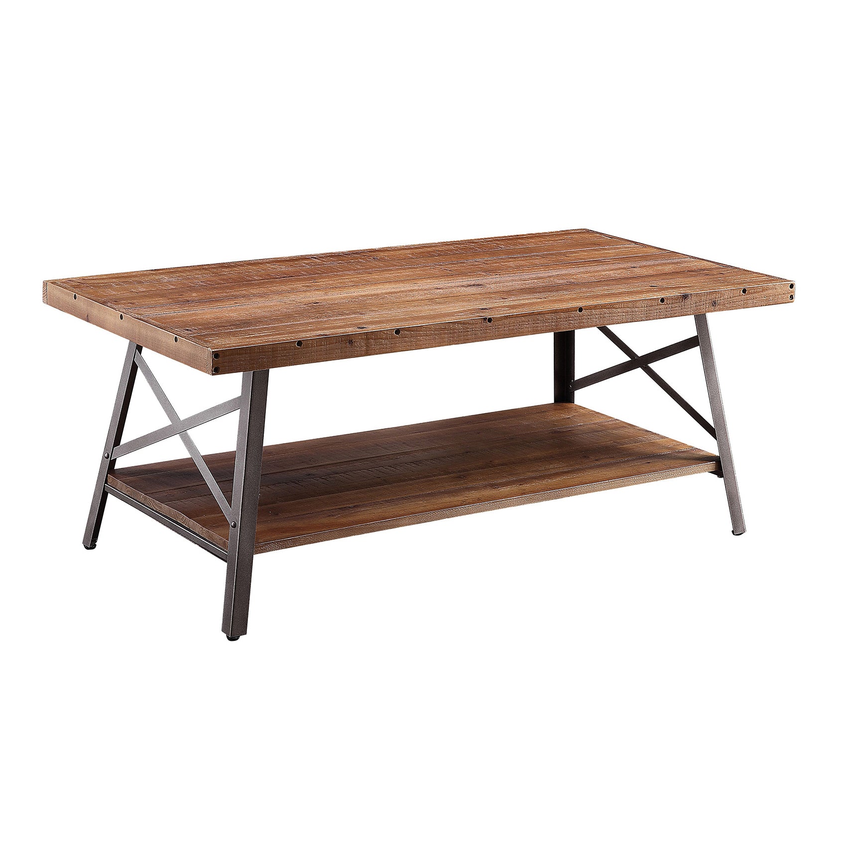 Rustic reclaimed wood coffee table with industrial metal frame and lower shelf