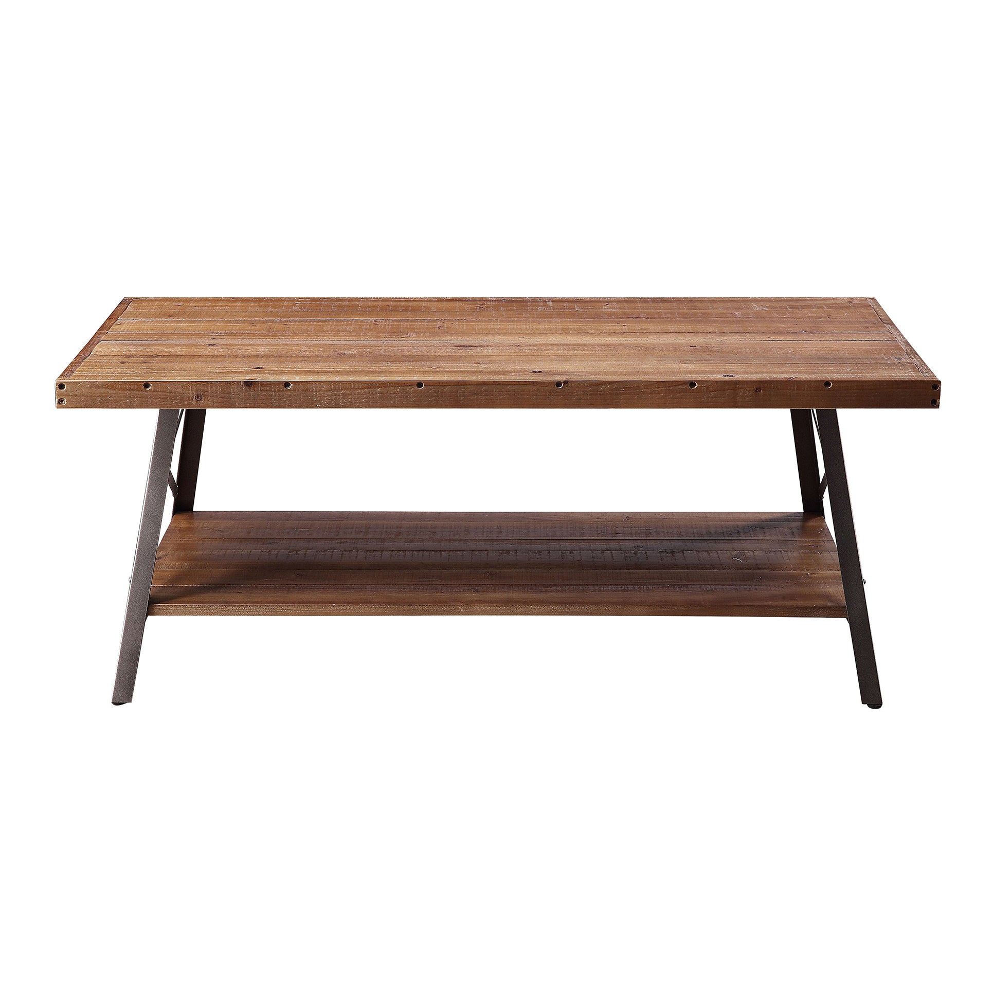 Reclaimed wood coffee table with industrial metal legs and lower shelf for storage