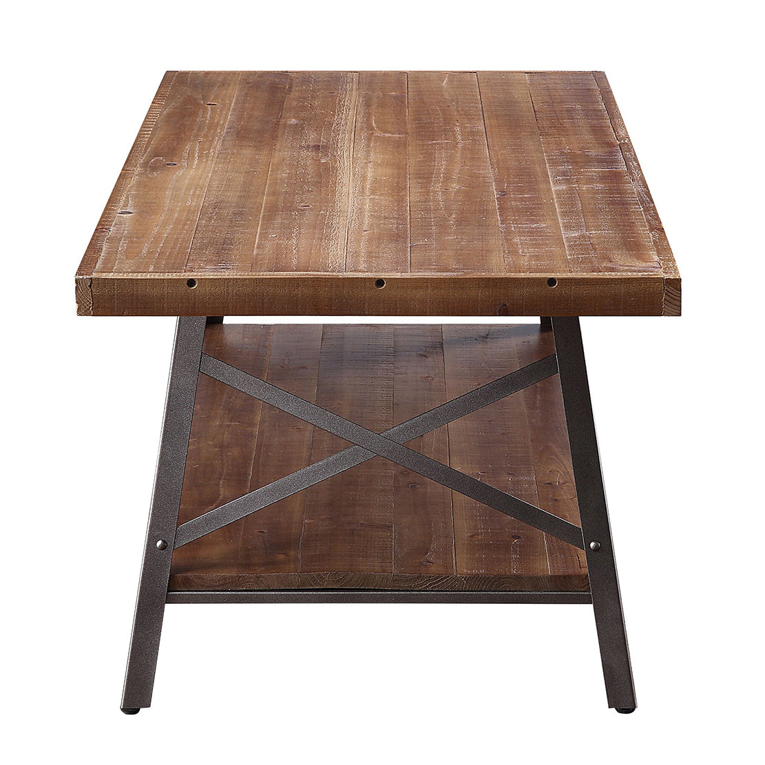 Rustic brown wood coffee table with industrial metal frame and lower shelf