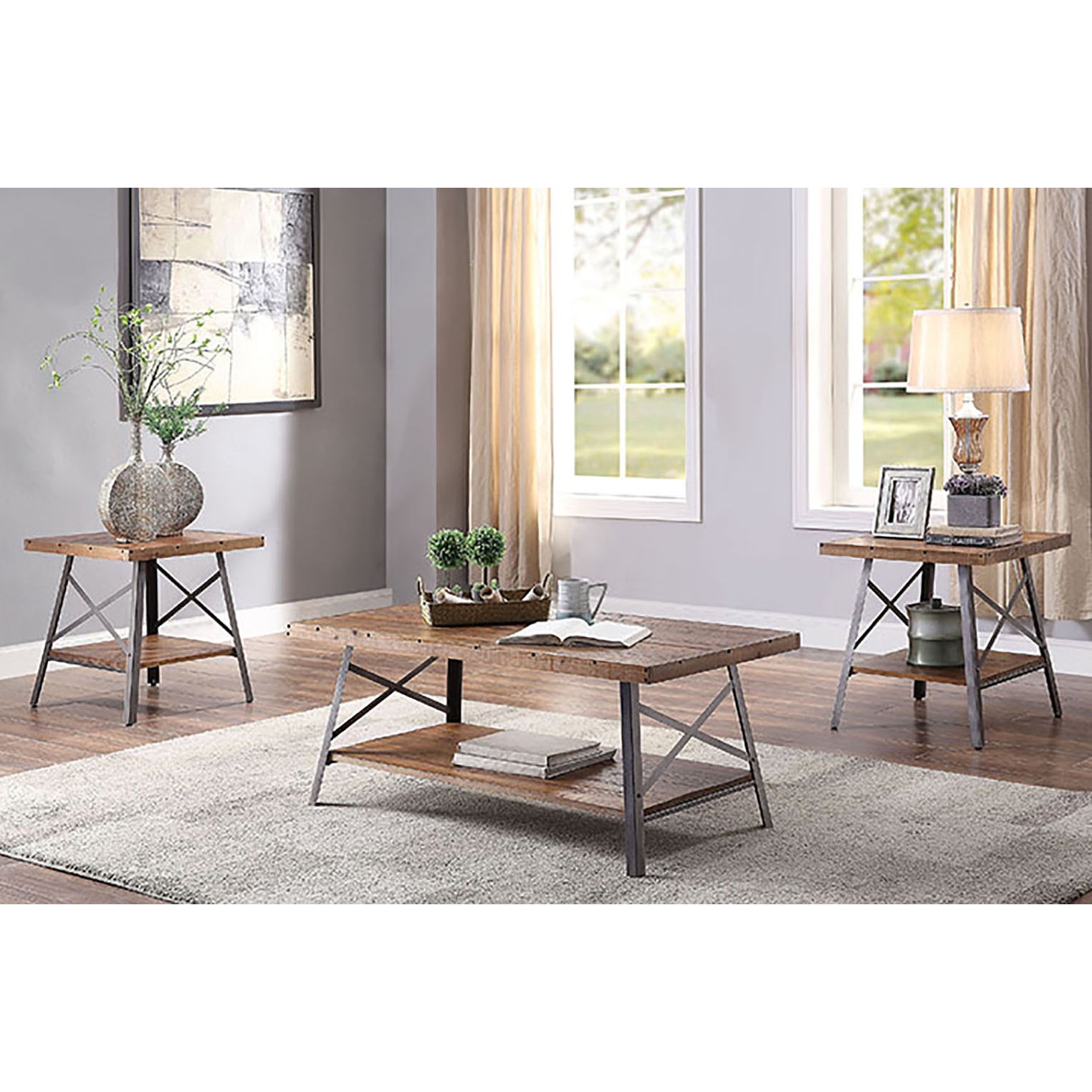 Rustic oak coffee table with metal frame and lower shelf