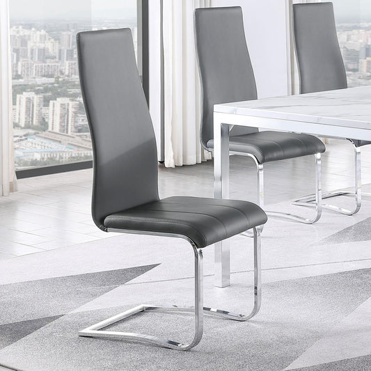 Modern grey faux leather dining chair with chrome cantilever base