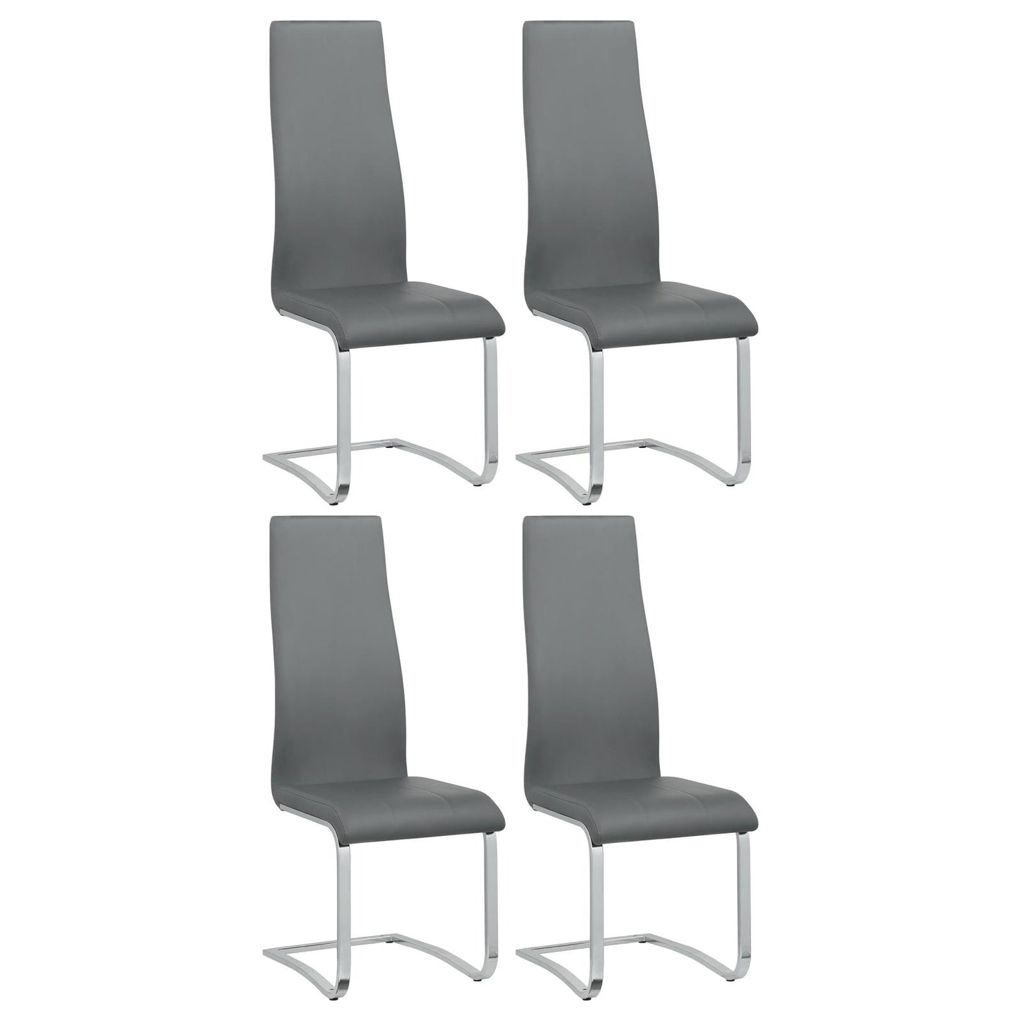 Four grey faux leather dining chairs with chrome sled legs