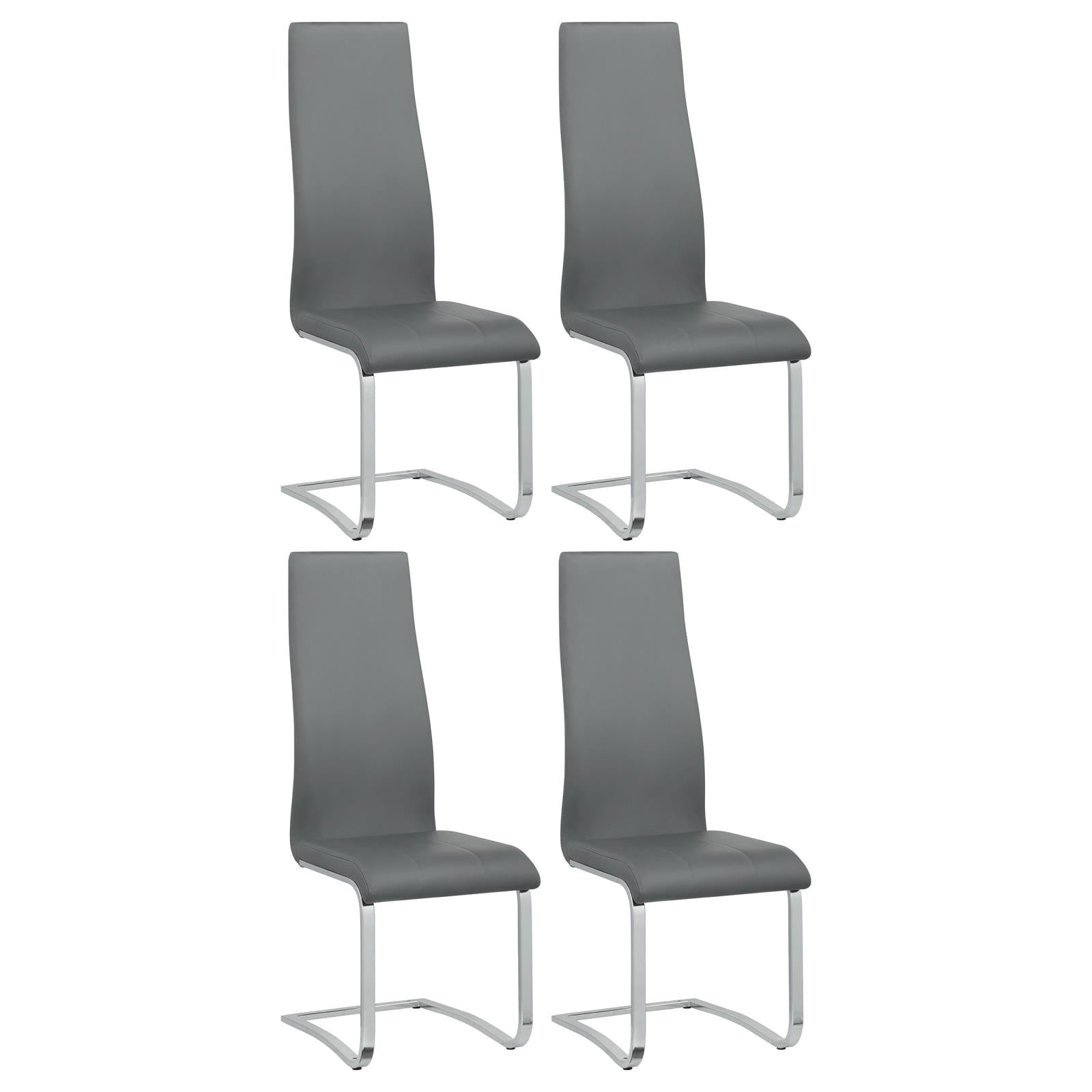 Four grey faux leather dining chairs with chrome sled legs