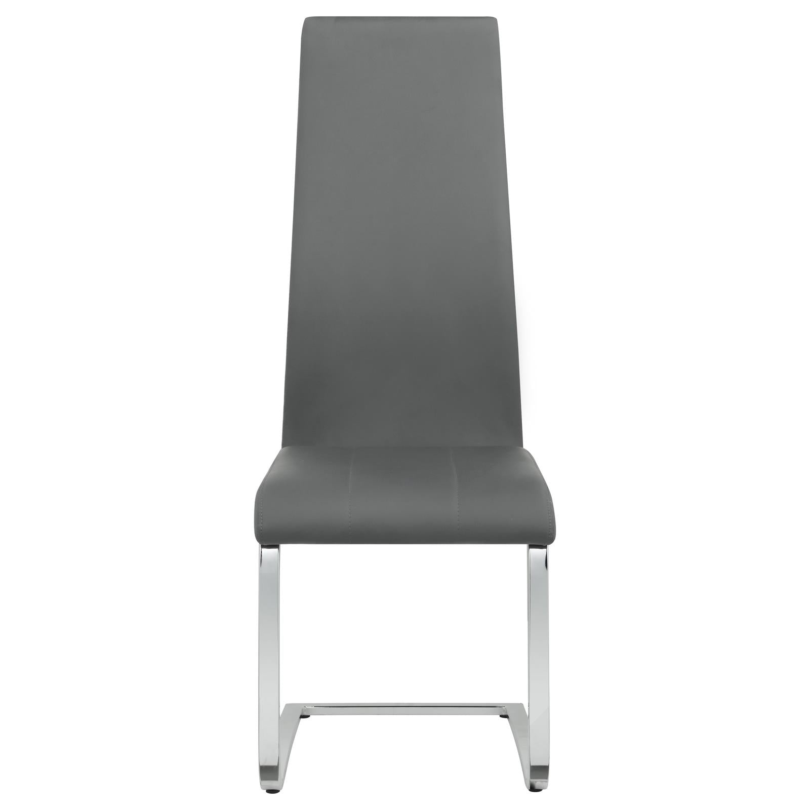 Modern gray faux leather dining chair with chrome sled legs and tufted seat detail