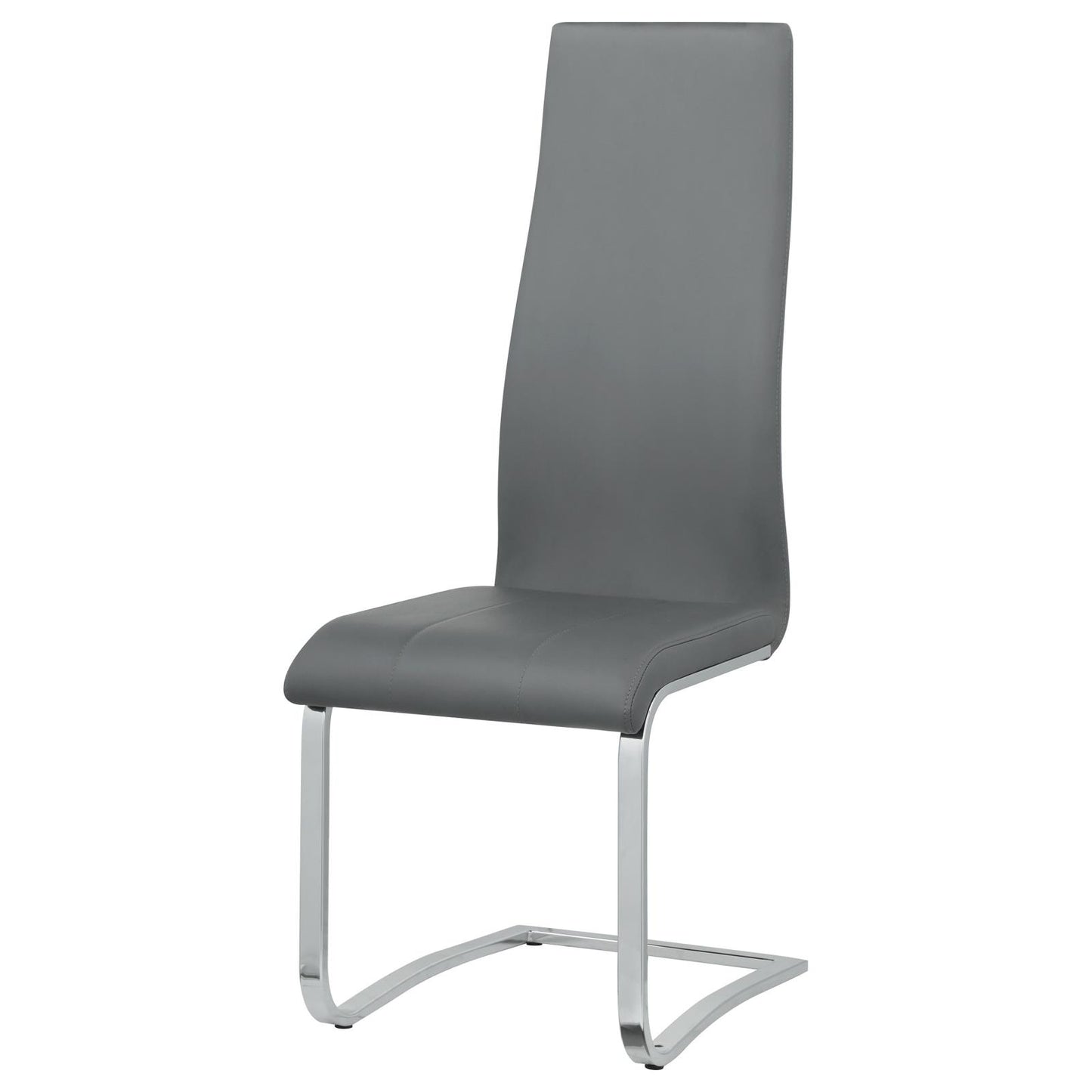 Modern gray faux leather dining chair with chrome sled base and stitch detailing