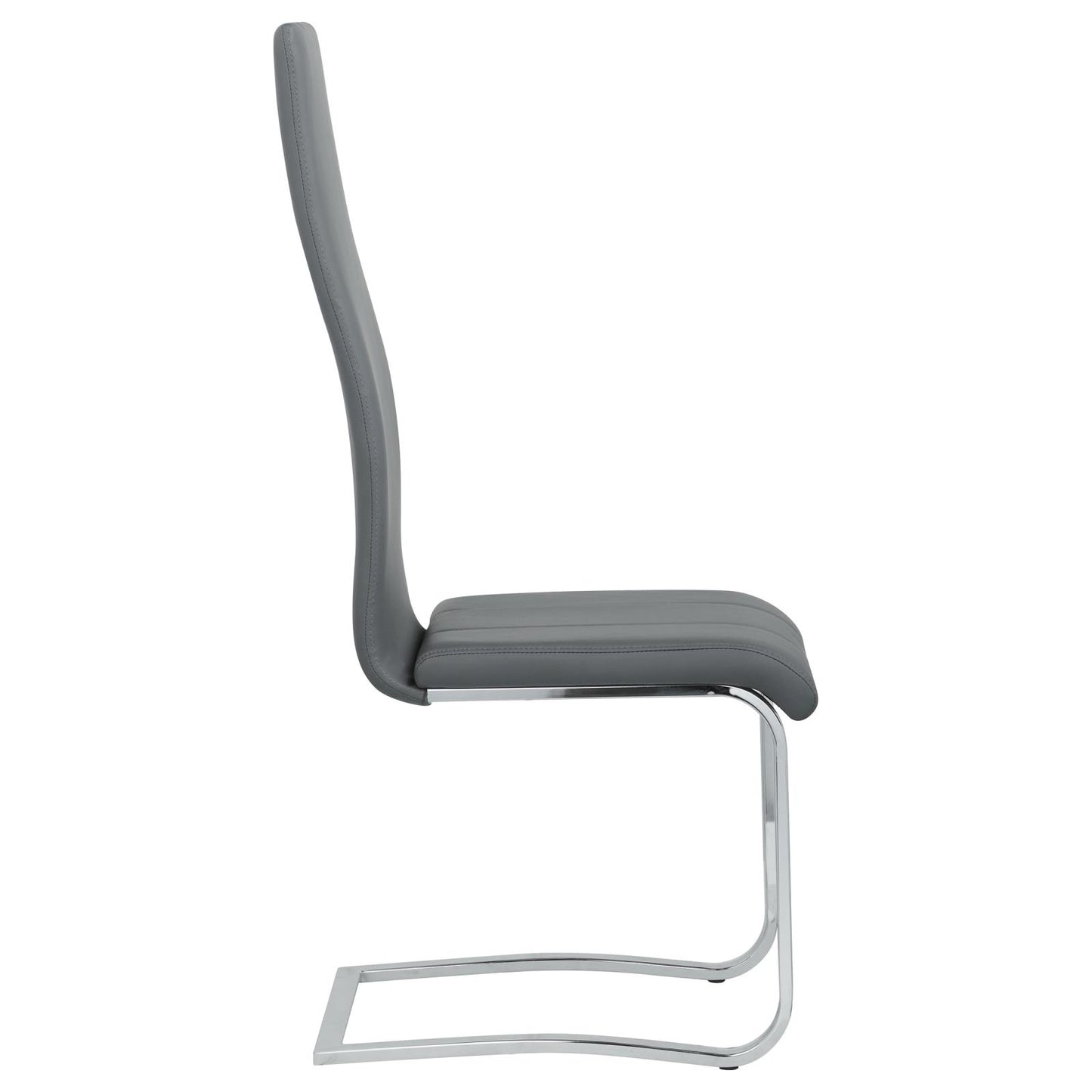 Modern grey faux leather dining chair with sleek chrome sled base