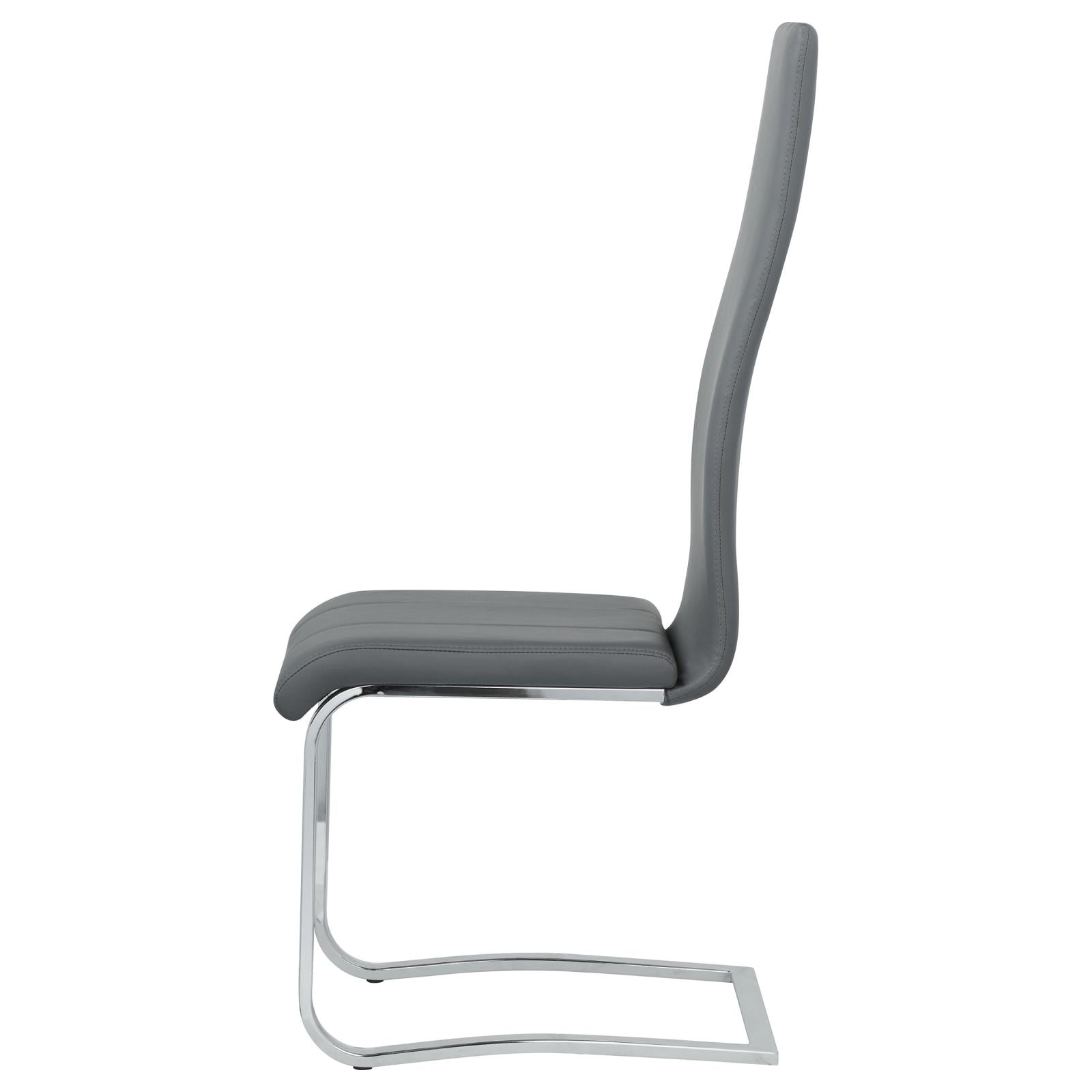 Sleek grey faux leather dining chair with a modern chrome sled base