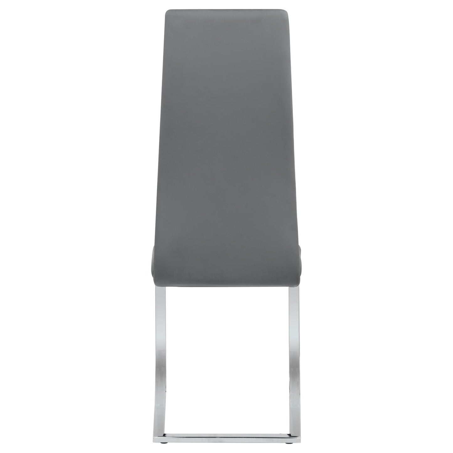 Modern gray upholstered dining chair with polished chrome legs