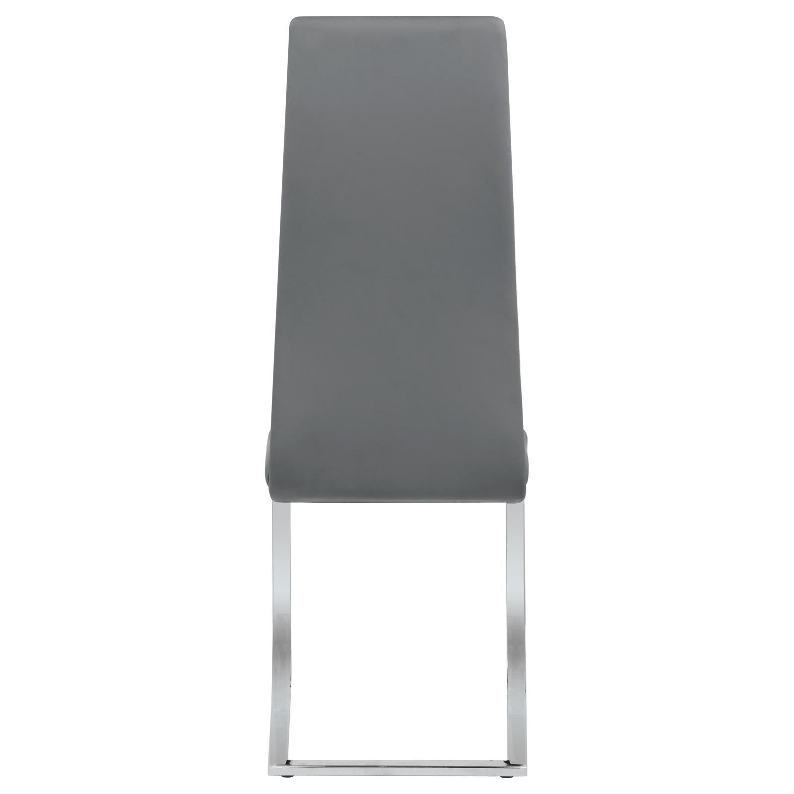 Modern gray upholstered dining chair with polished chrome legs