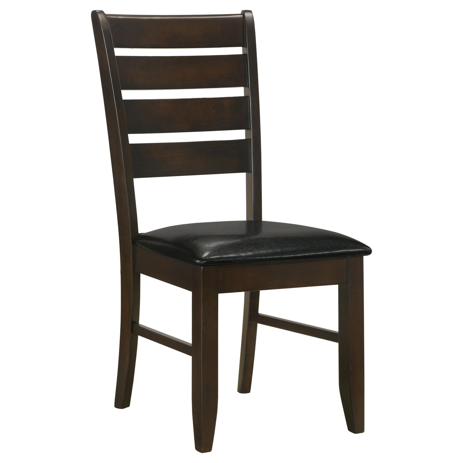 Dark espresso wooden dining chair with a slatted back and black faux leather seat