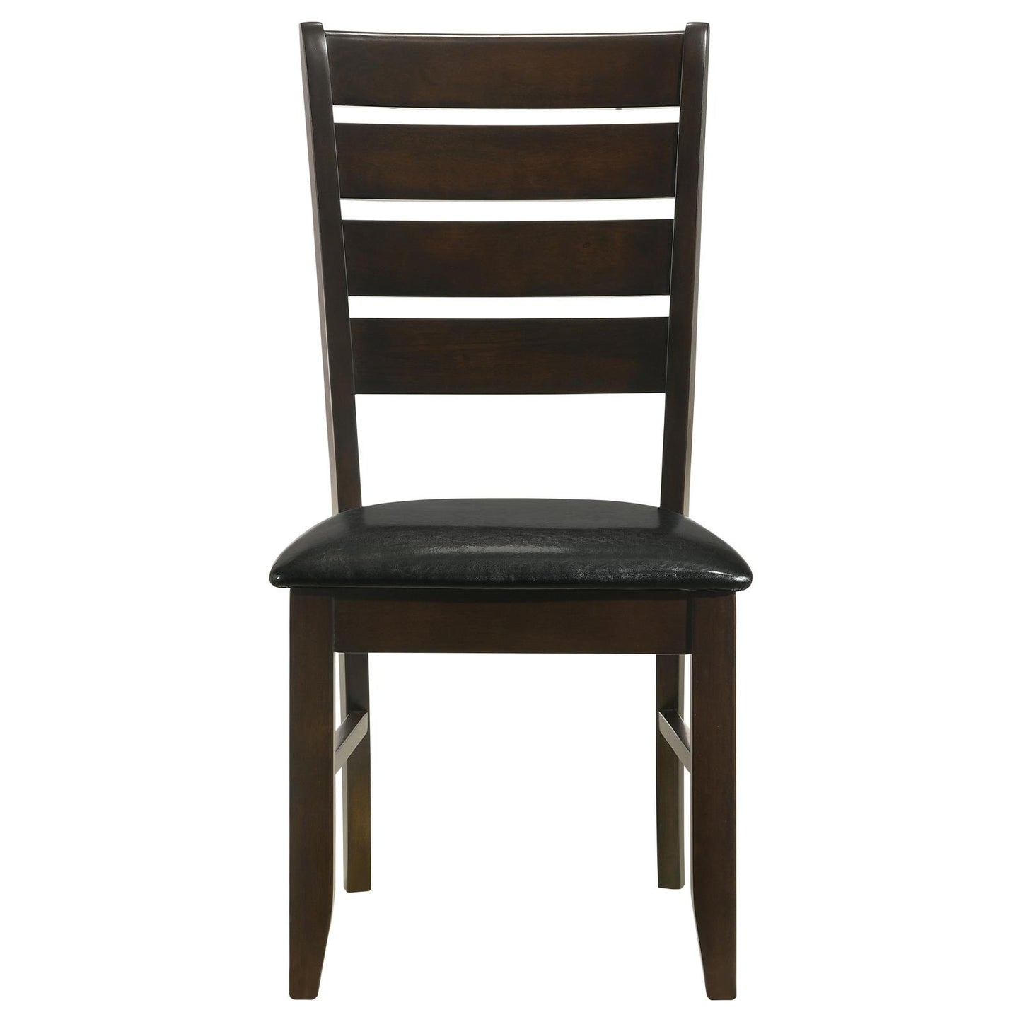 Dark brown wooden dining chair with black faux leather seat and slatted back
