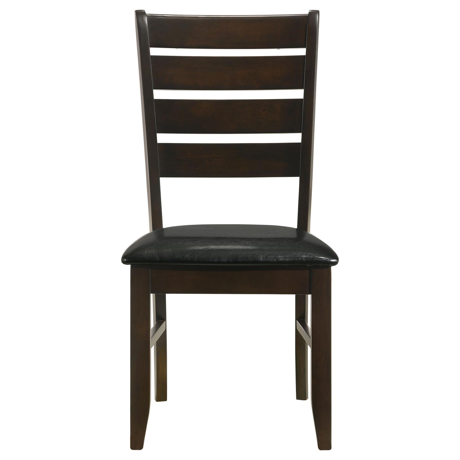 Dark brown wooden dining chair with black faux leather seat and slatted back