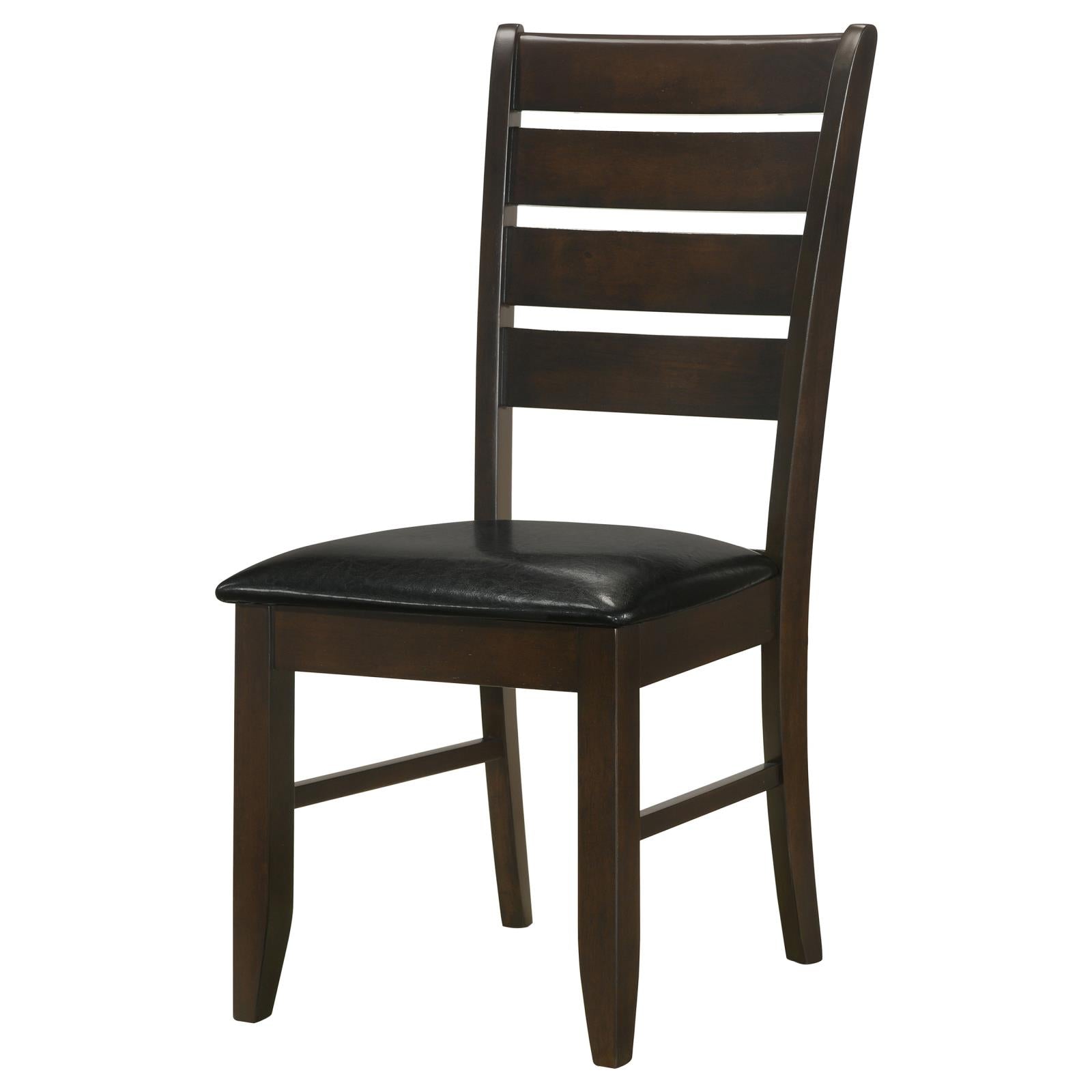 Dark brown wooden dining chair with a black leather seat and slatted back