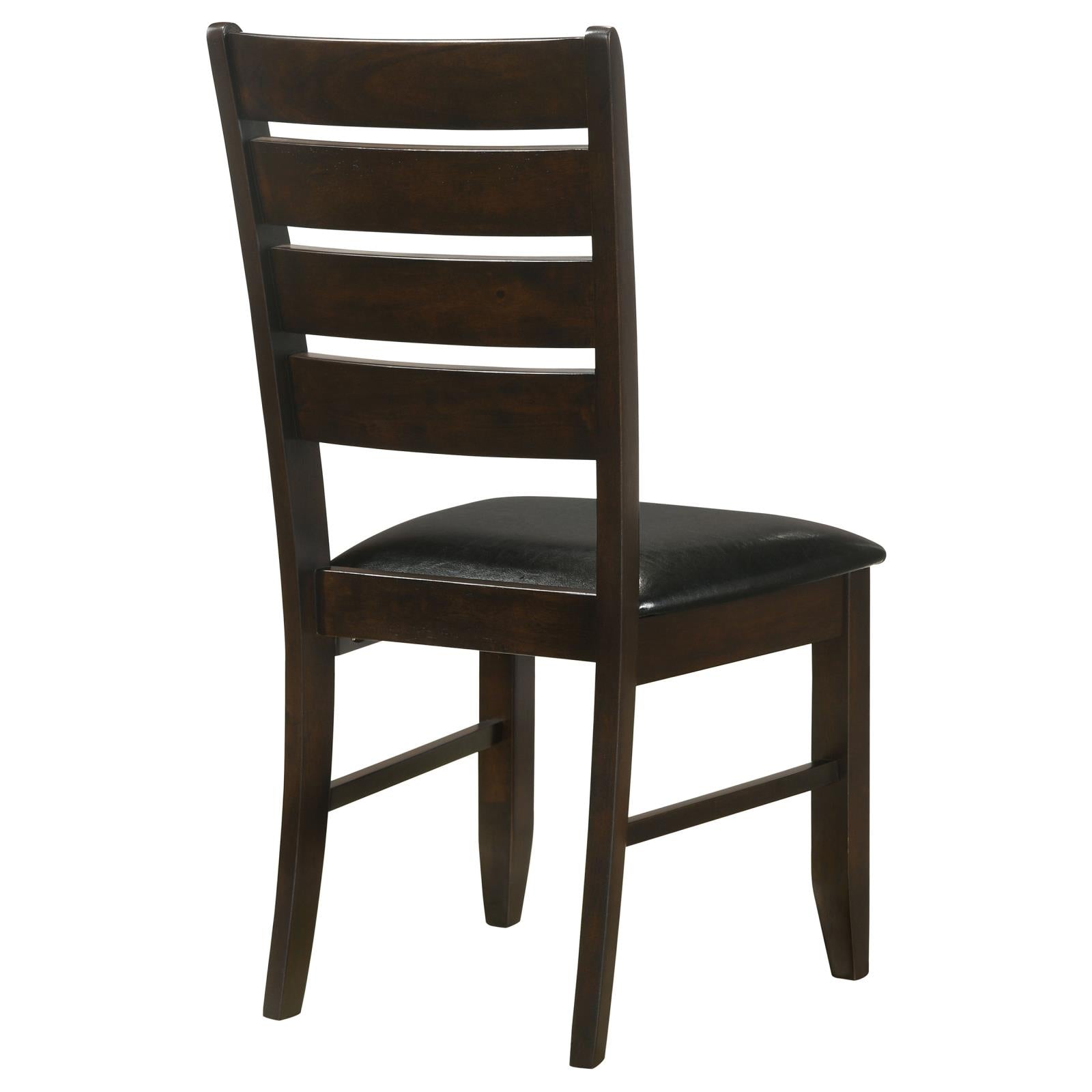 Dark brown wooden dining chair with horizontal back slats and black seat