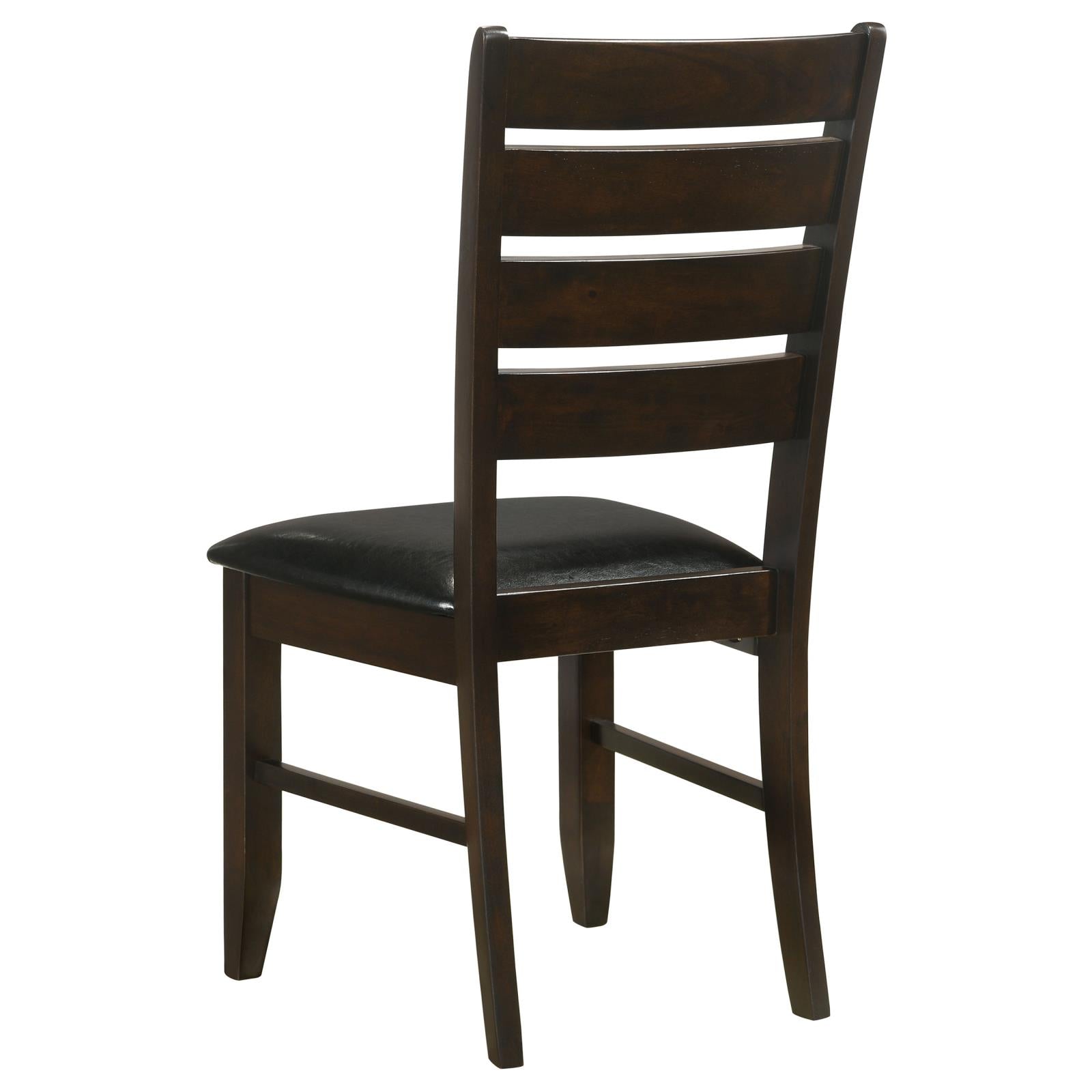 Dark wood dining chair with slatted back and black upholstered seat