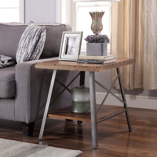 Rustic industrial end table with distressed wood top and metal frame
