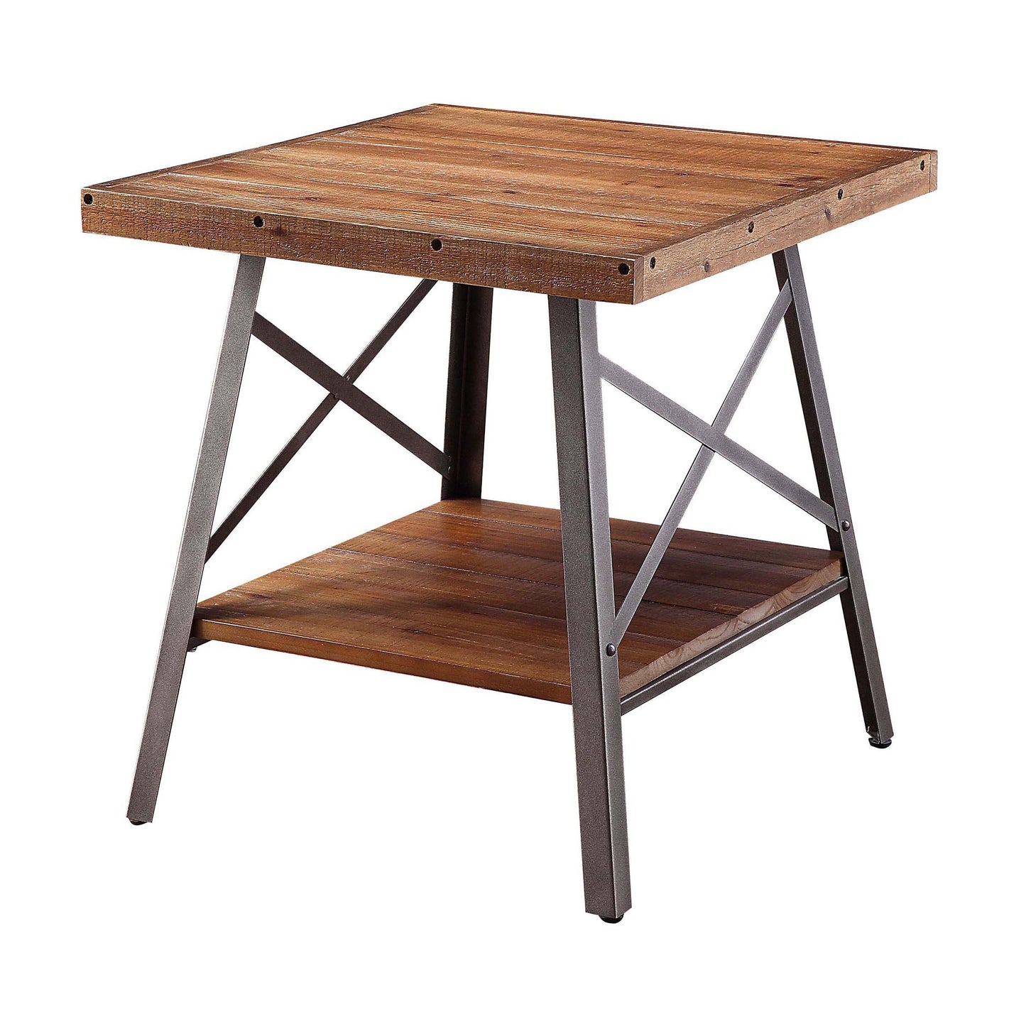 Rustic wood end table with metal frame and lower shelf perfect for modern living rooms