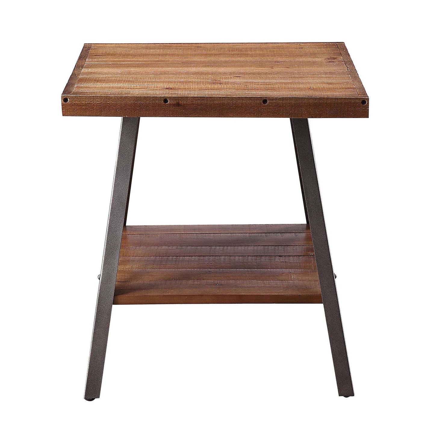 Distressed wooden top side table with dark metal legs and lower shelf