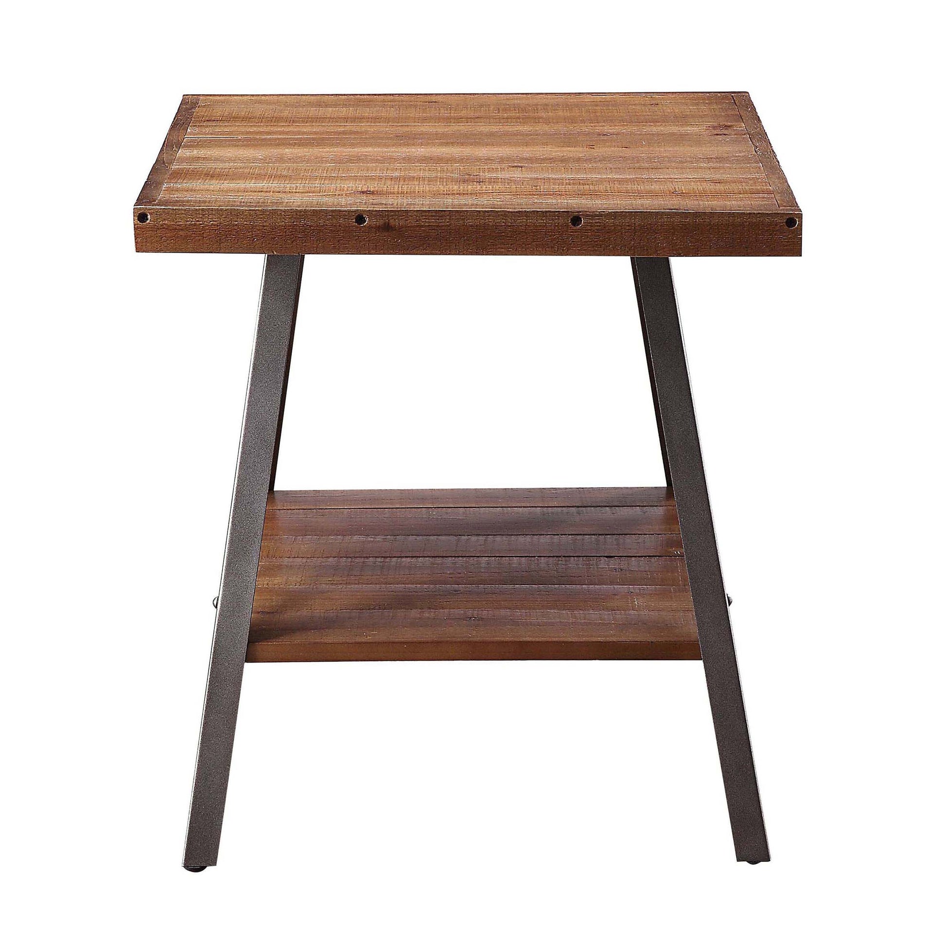 Distressed wooden top side table with dark metal legs and lower shelf
