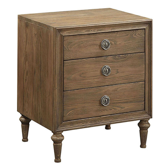 Antique brown wooden nightstand with three drawers and ornate metal pulls