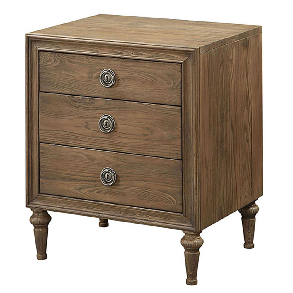 Brown wood nightstand with three drawers and ornate silver pulls